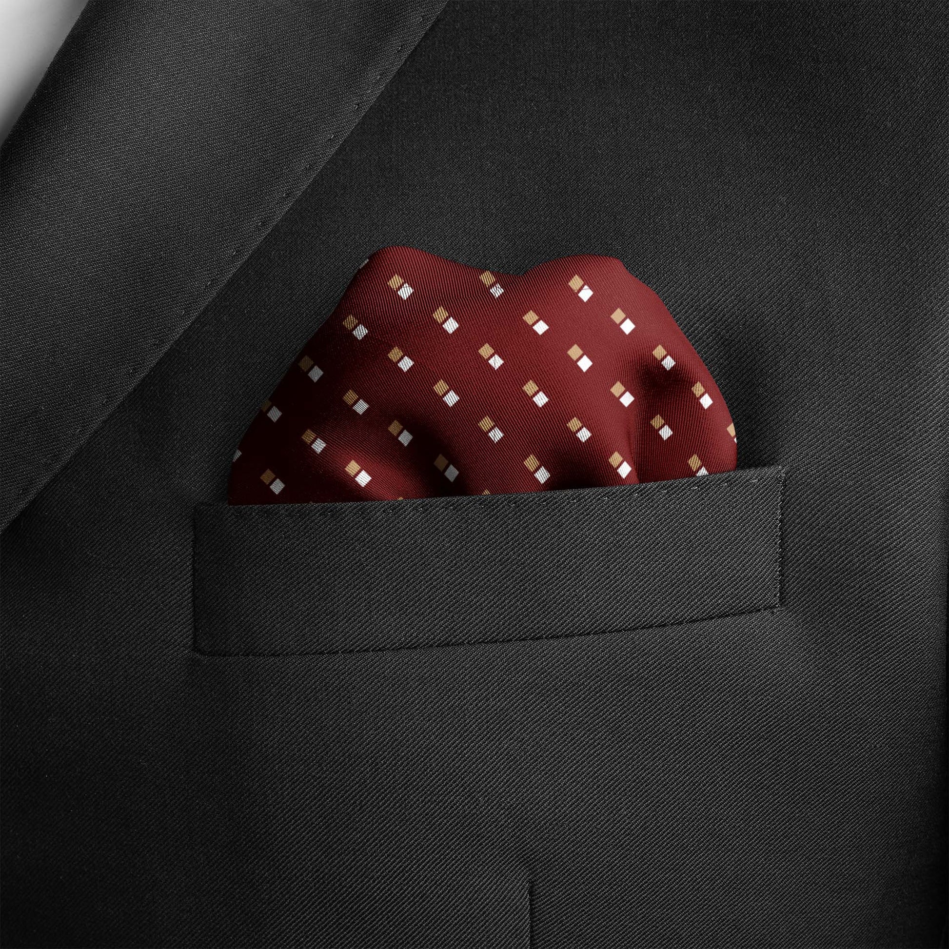Double Dotted Maroon Silk Pocket Square — men's silk pocket square, view 4