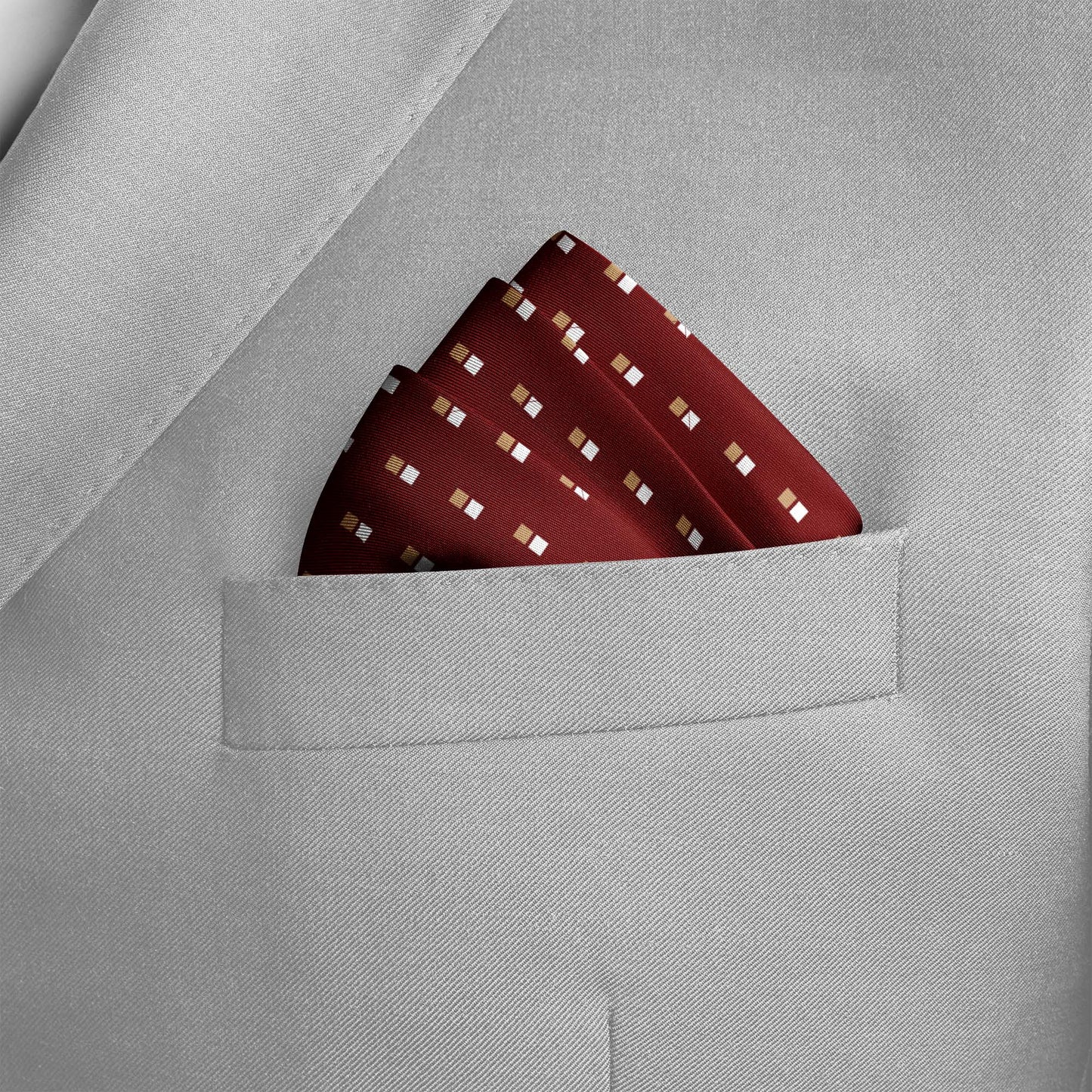 Double Dotted Maroon Silk Pocket Square — men's silk pocket square, view 3