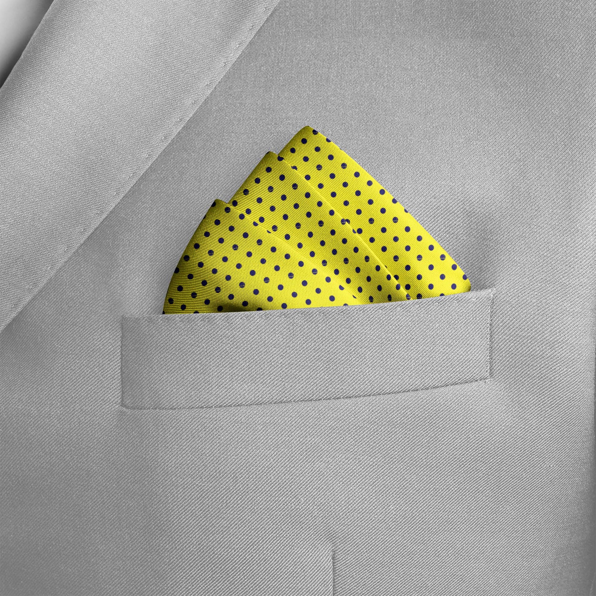 Yellow With Black Polka Silk Pocket Square — men's silk pocket square, view 4