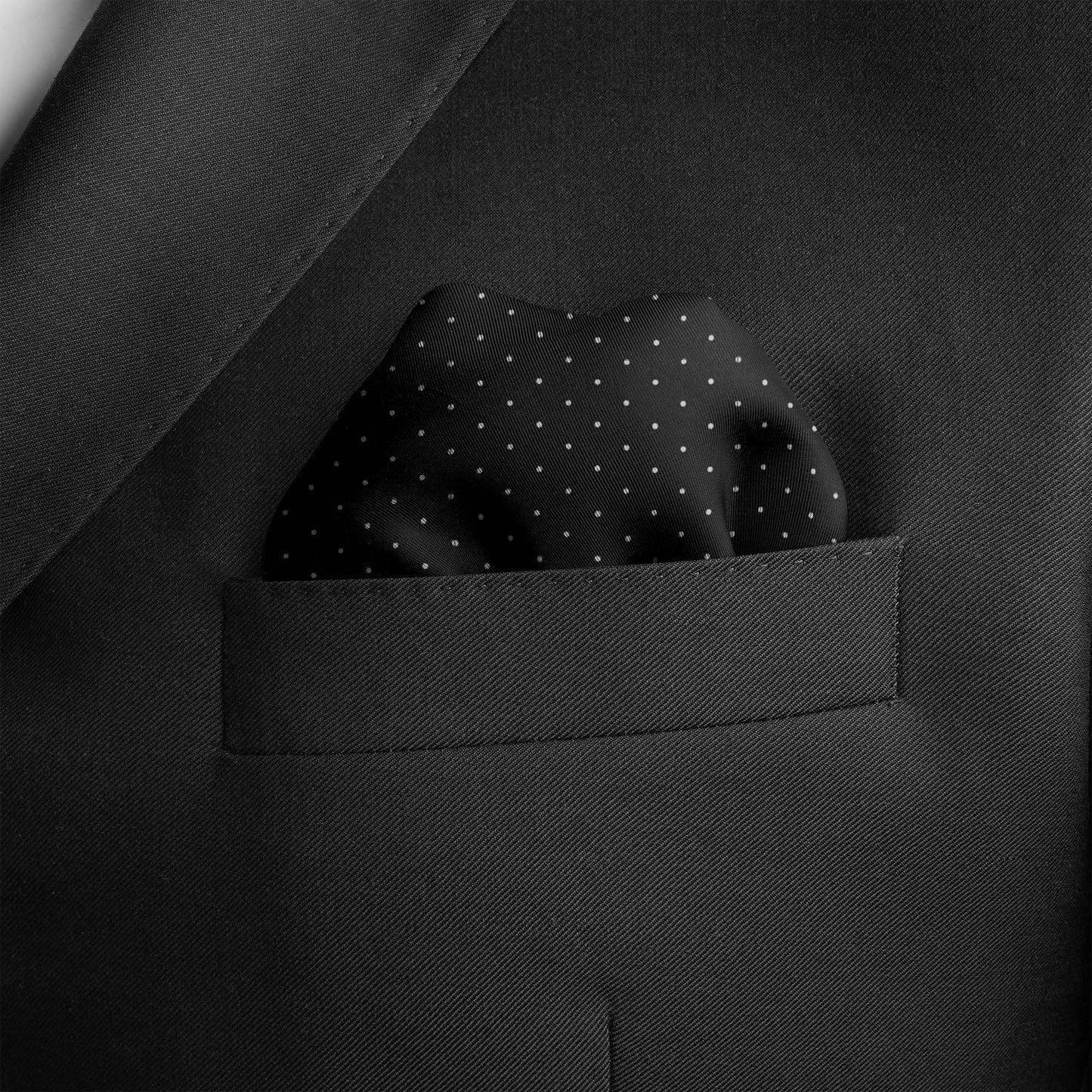 Black With White Polka Silk Pocket Square — men's silk pocket square, view 4