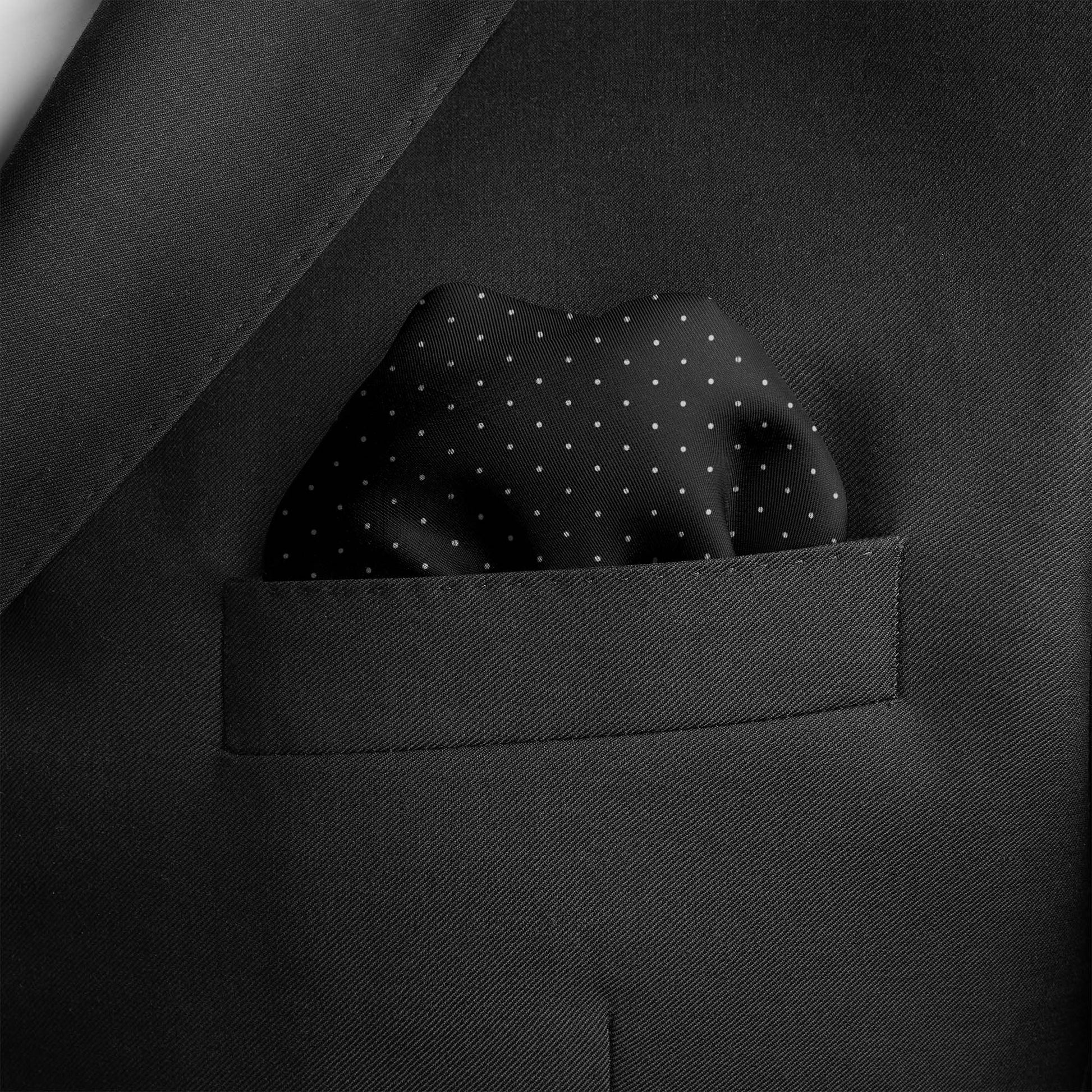 Black With White Polka Silk Pocket Square — men's silk pocket square, view 4