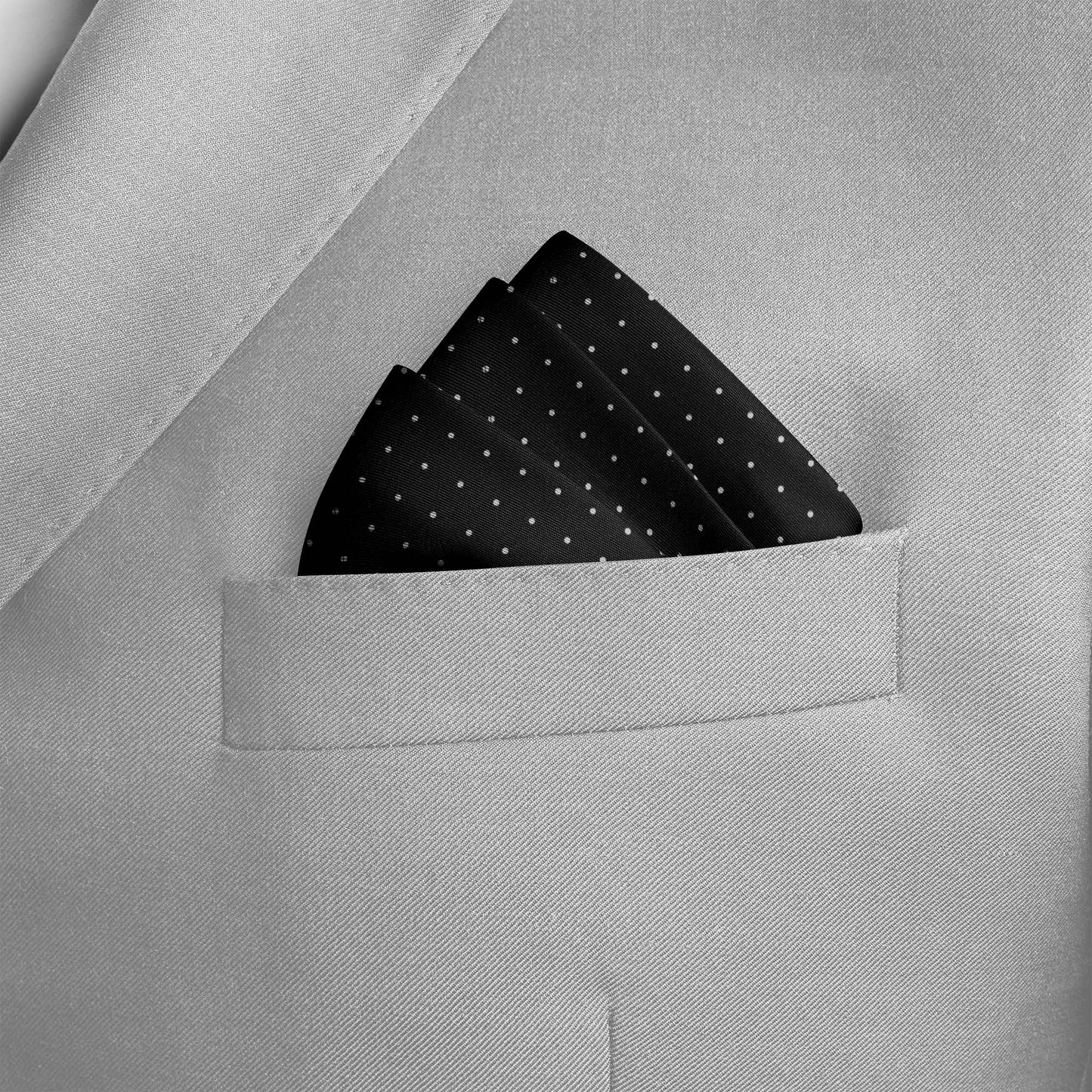 Black With White Polka Silk Pocket Square — men's silk pocket square, view 3