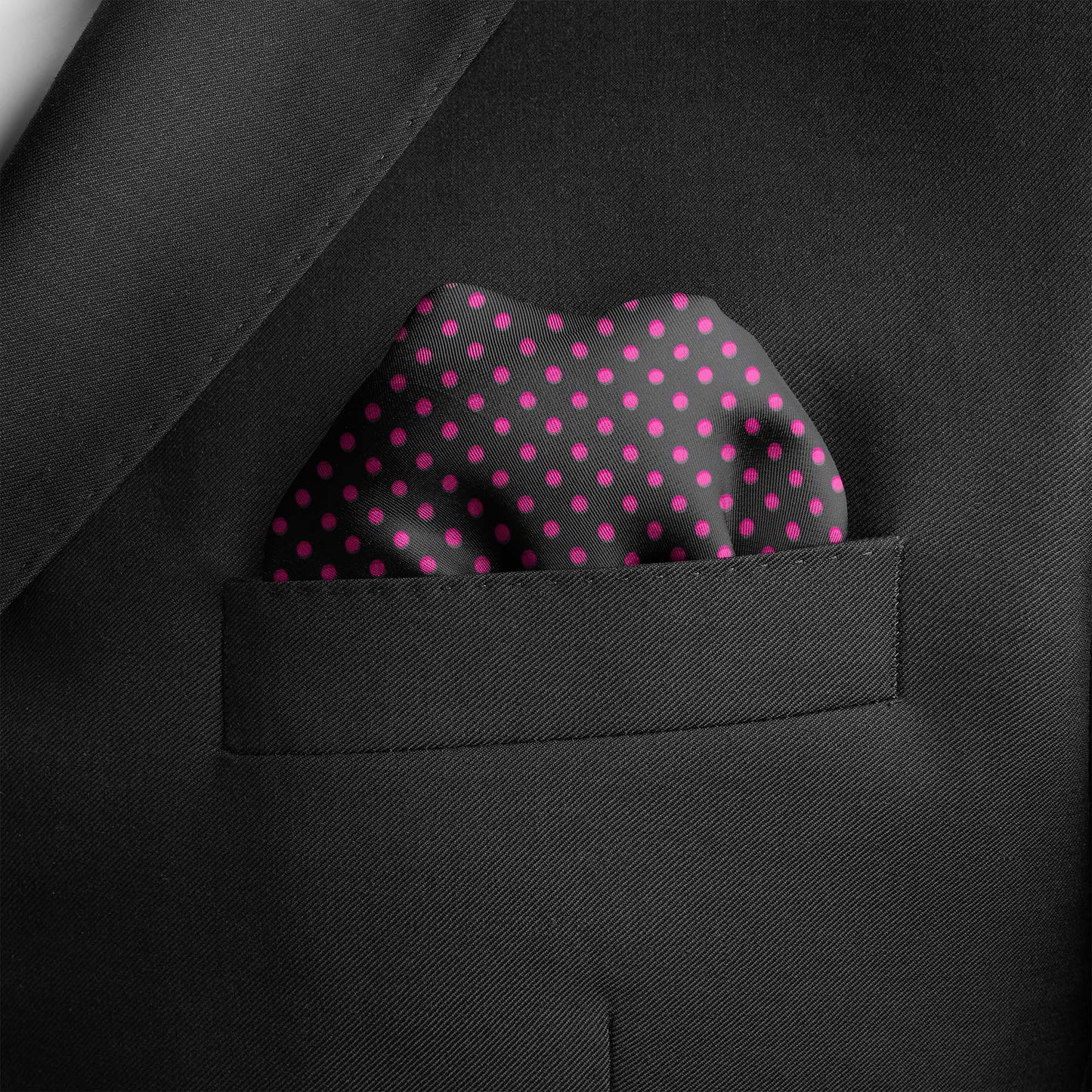 Black With Pink Polka Silk Pocket Square — men's silk pocket square, view 3