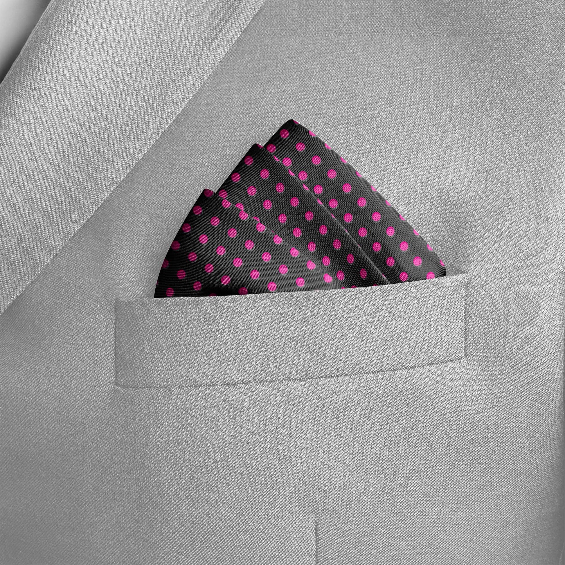 Black With Pink Polka Silk Pocket Square — men's silk pocket square, view 4