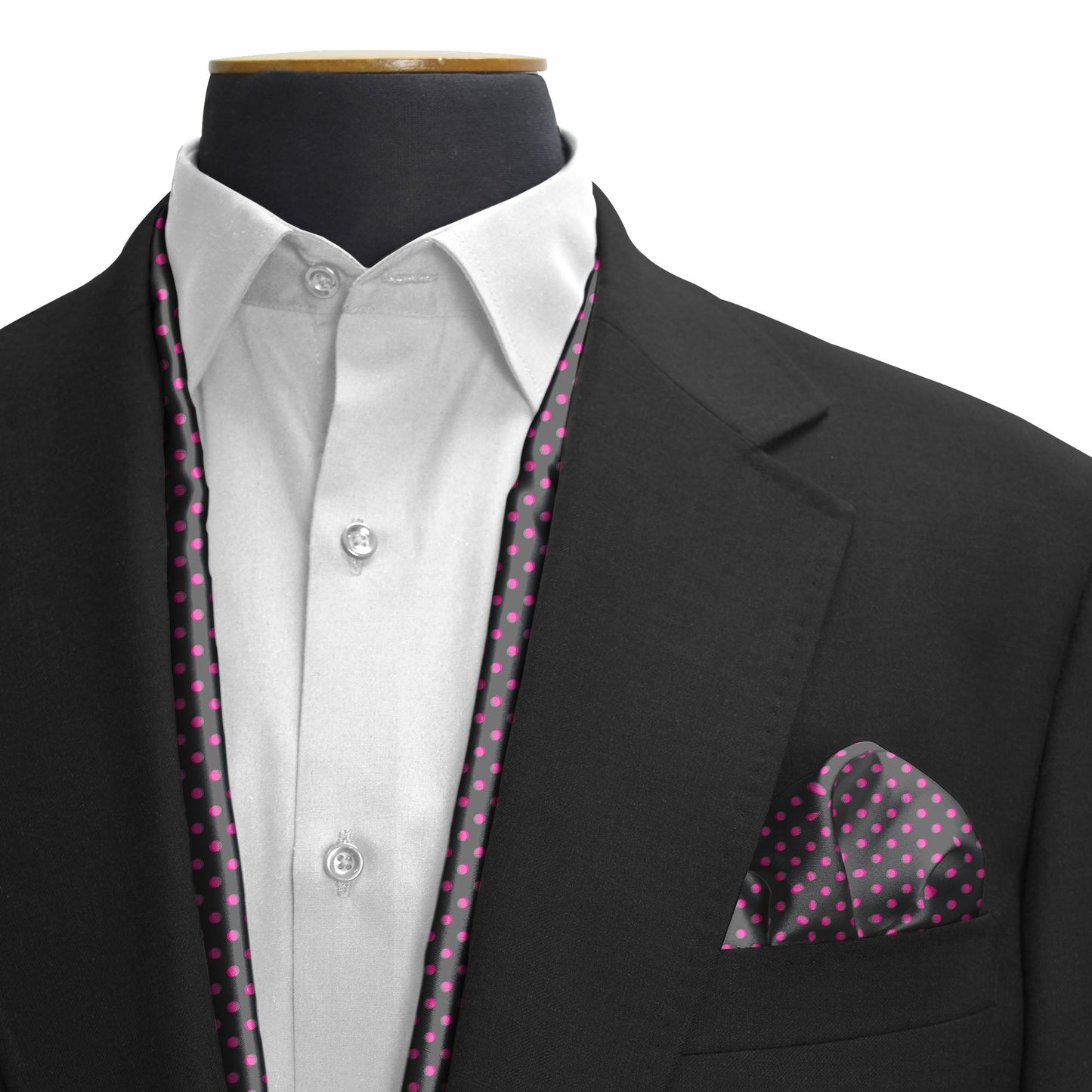Black With Pink Polka Silk Scarf & Pocket Square Set — men's silk scarf, view 3