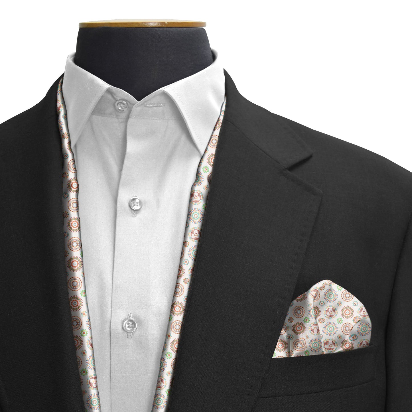 Kaleidoscopic Geometric Fusion Silk Scarf & Pocket Square Set — men's silk scarf, view 3