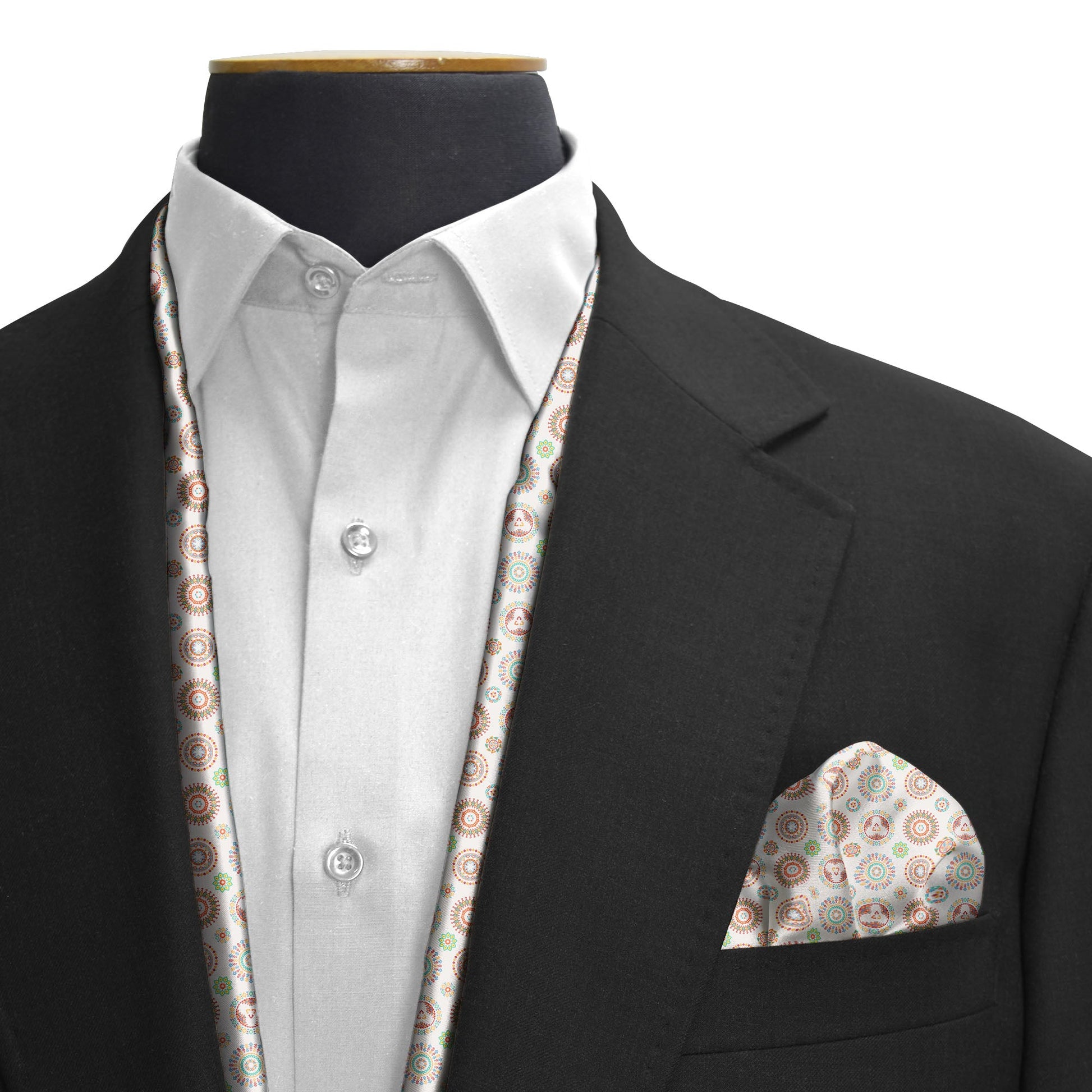 Kaleidoscopic Geometric Fusion Silk Scarf & Pocket Square Set — men's silk scarf, view 3
