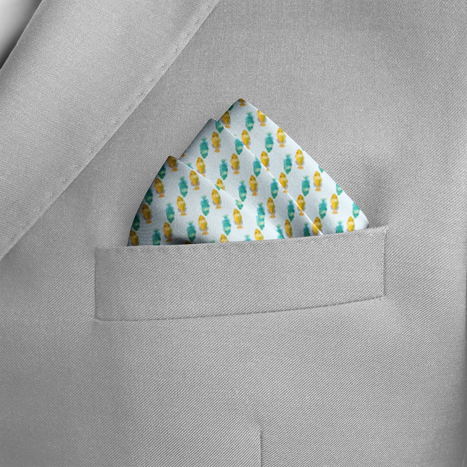 Minty Fish Shoal Silk Pocket Square — men's silk pocket square, view 4