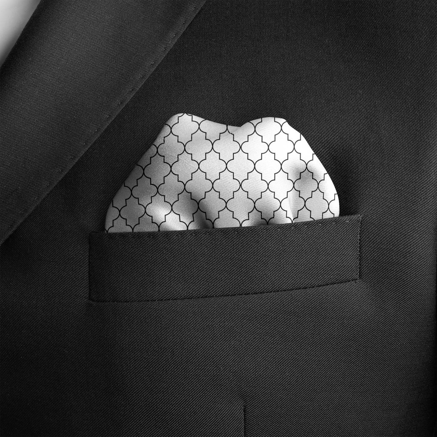 White Black Tartan Silk Pocket Square — men's silk pocket square, view 5