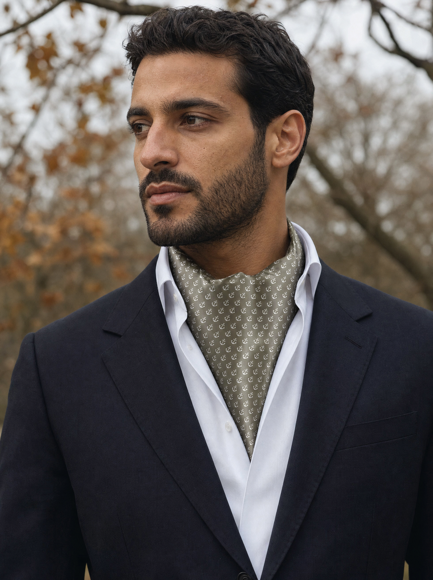 Anchored Navy Pride Silk Cravat worn by a model — men's cravat