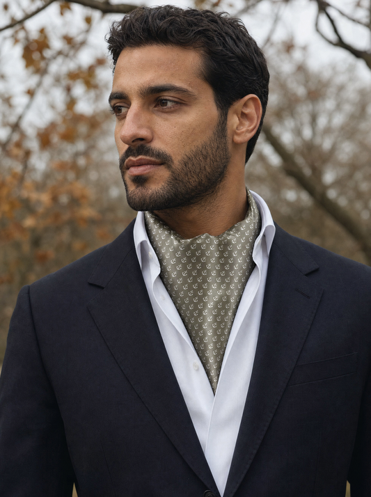 Anchored Navy Pride Silk Cravat worn by a model — men's cravat