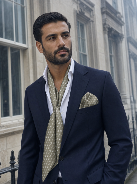 Anchored Navy Pride Silk Scarf & Pocket Square Set worn by a model — men's scarf