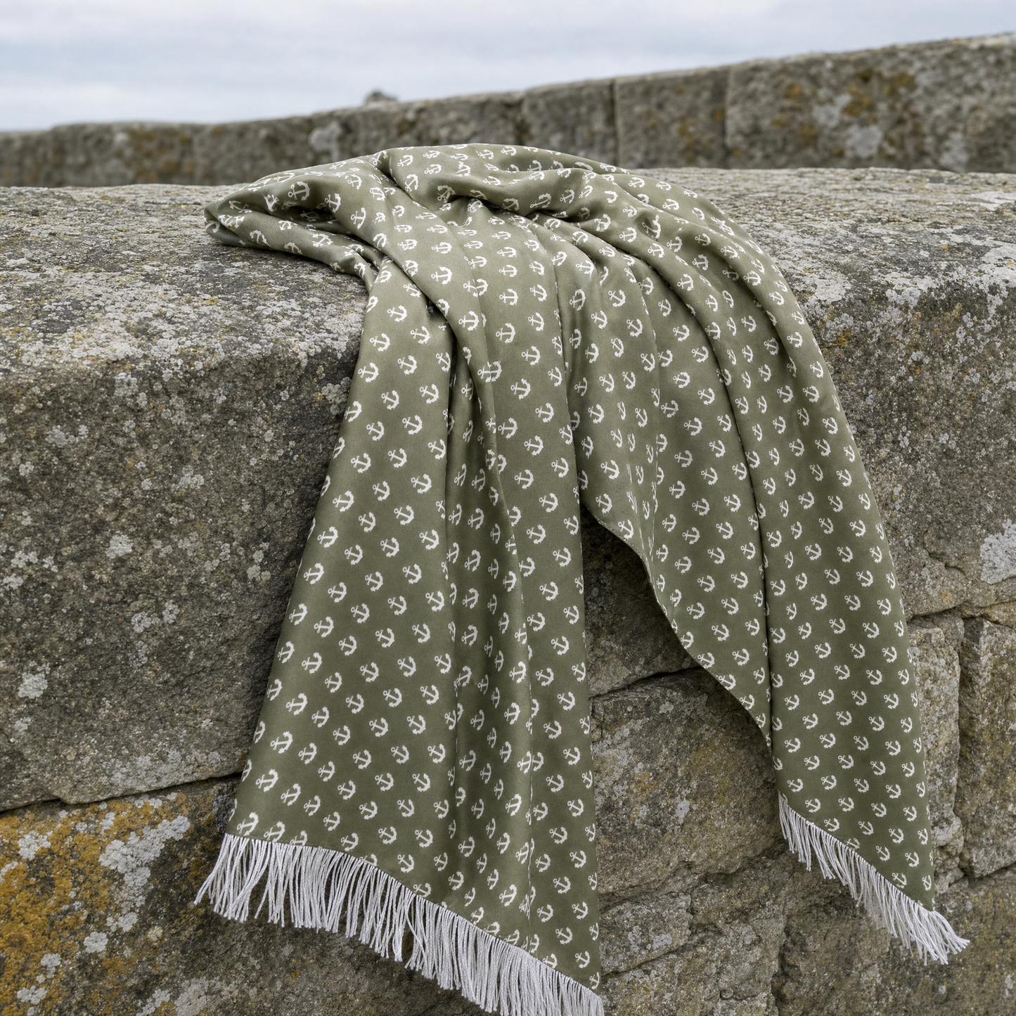 Anchored Navy Pride Silk Scarf — 100% silk scarf, draped detail