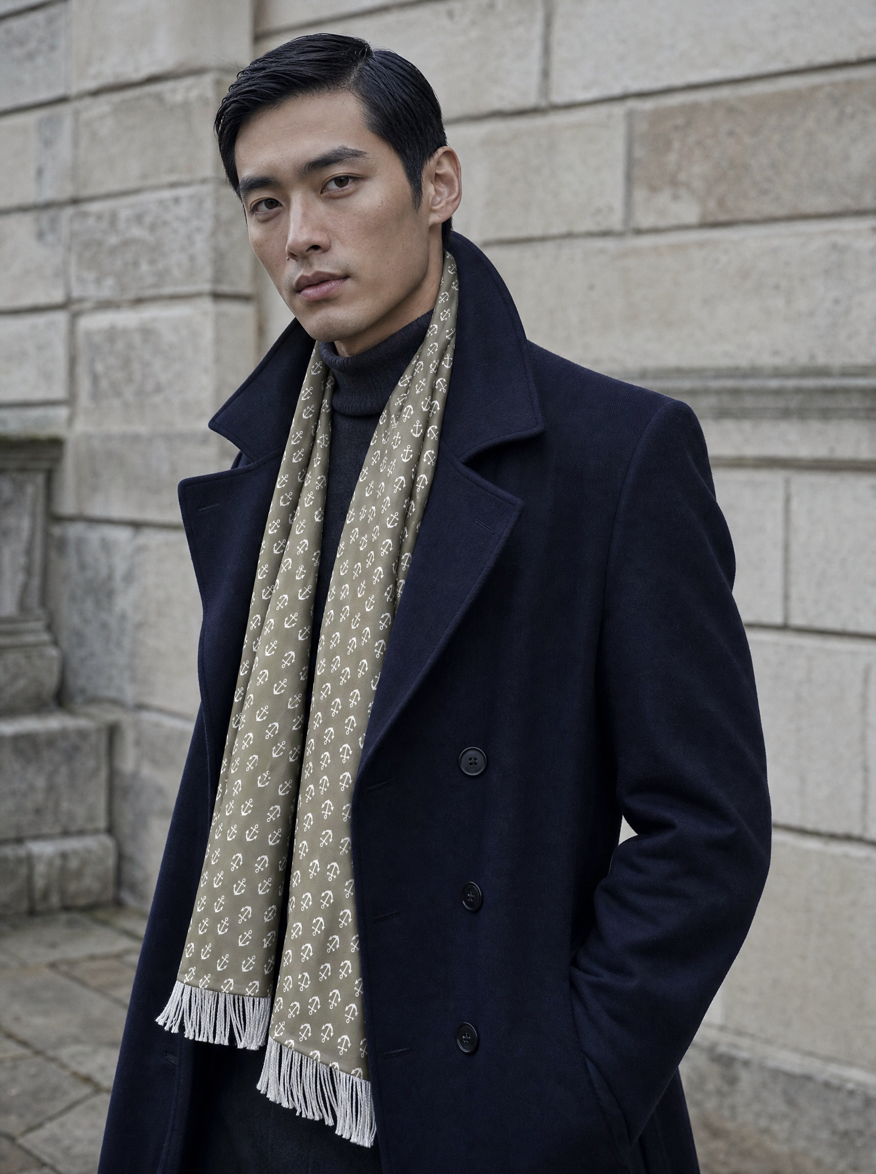 Anchored Navy Pride Silk Scarf worn by a model — men's scarf