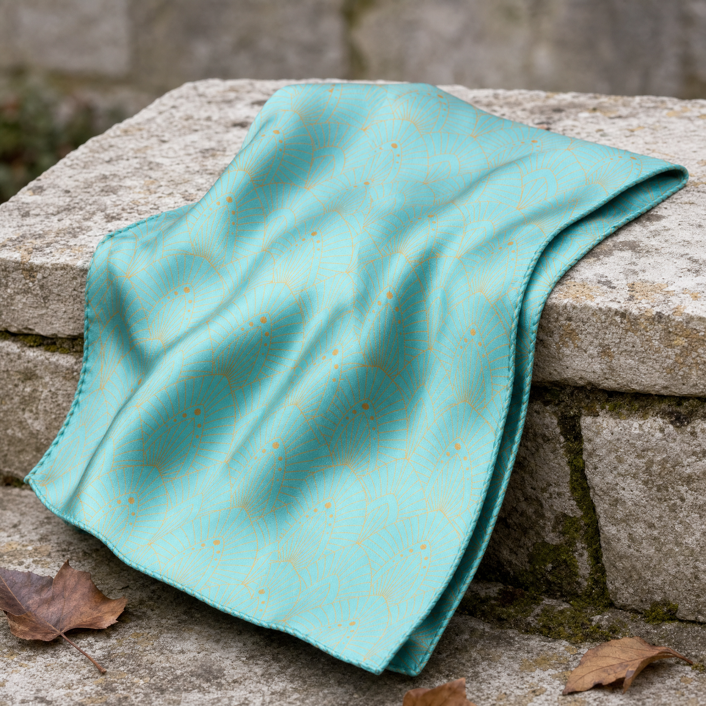 Aqua Botanical Bliss Silk Cravat — 100% silk cravat, draped detail
