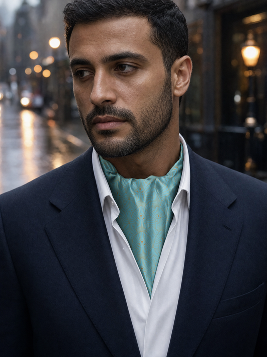 Aqua Botanical Bliss Silk Cravat worn by a model — men's cravat