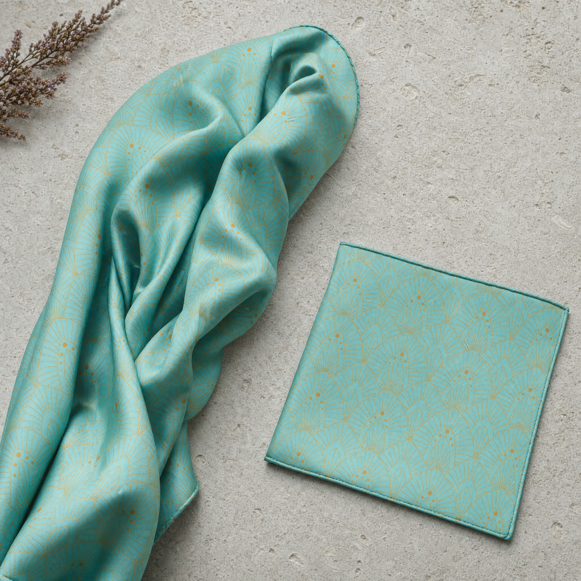 Aqua Botanical Bliss Silk Scarf & Pocket Square Set — 100% silk scarf, draped detail