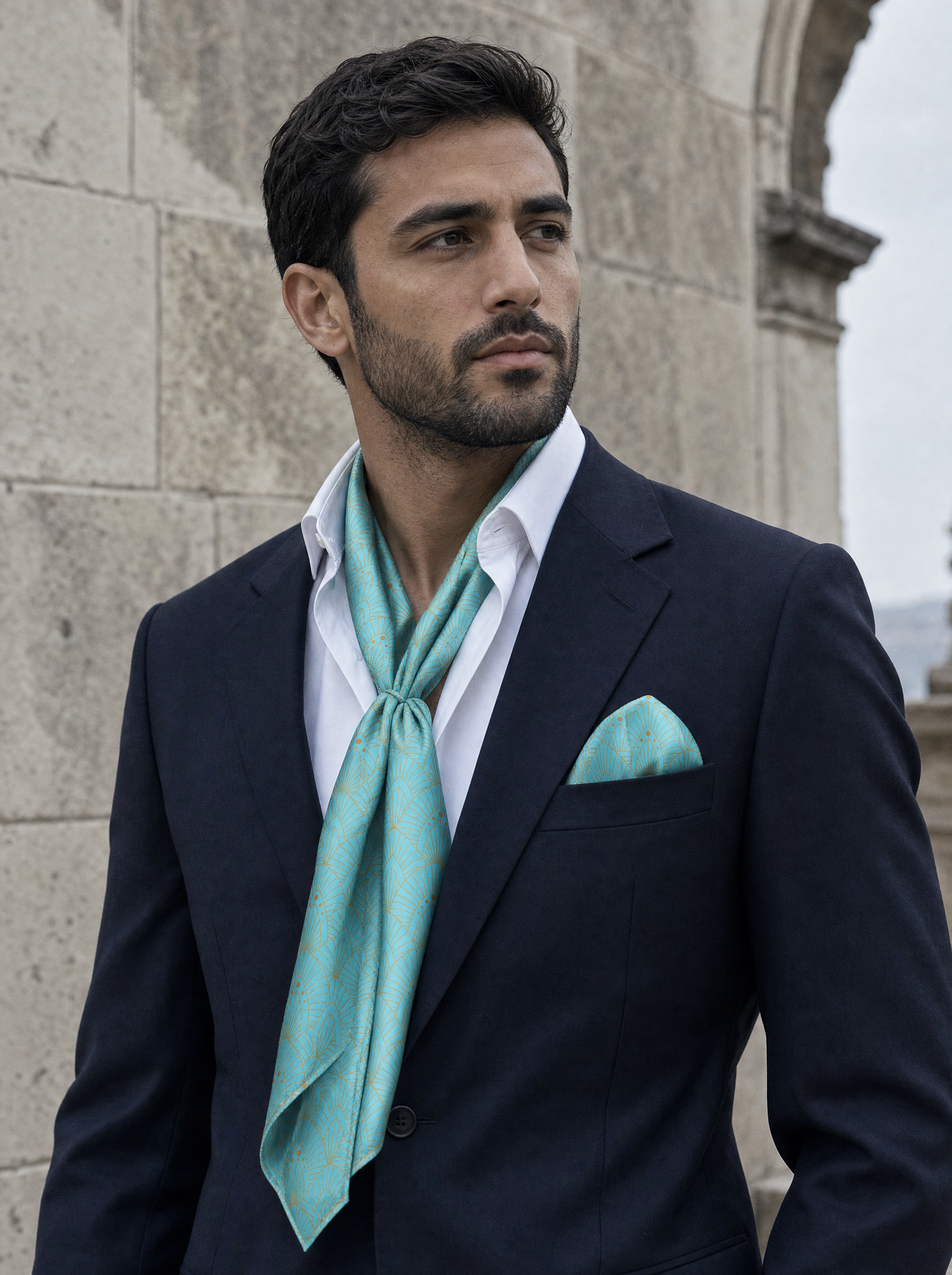 Aqua Botanical Bliss Silk Scarf & Pocket Square Set worn by a model — men's scarf
