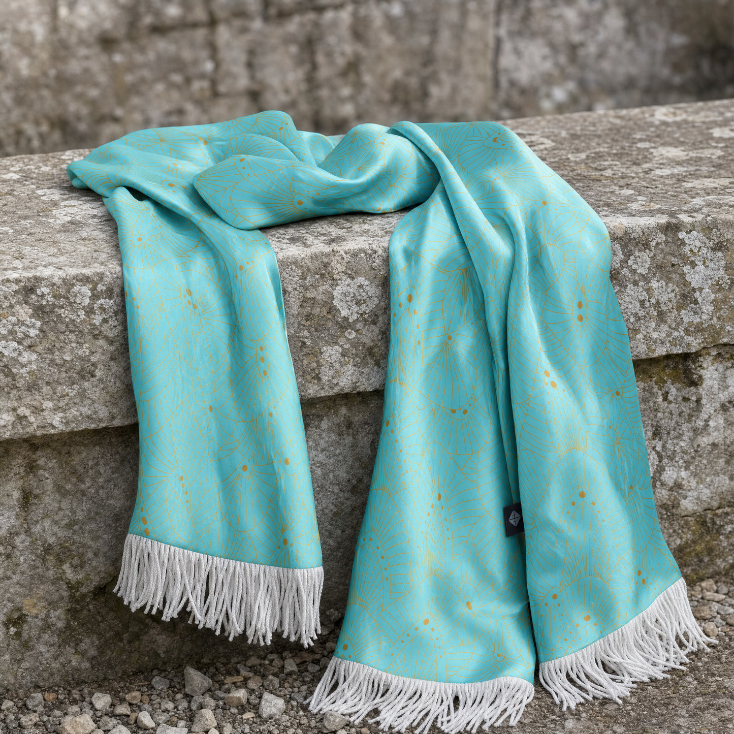 Aqua Botanical Bliss Silk Scarf — 100% silk scarf, draped detail