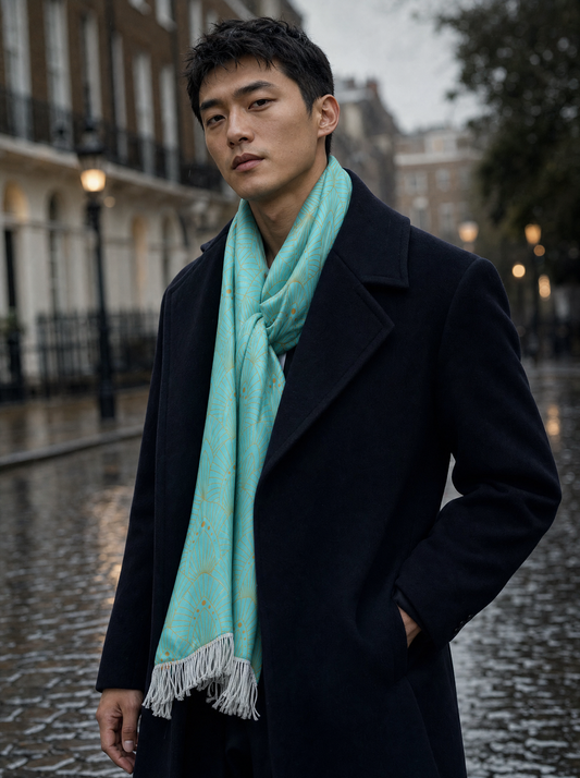Aqua Botanical Bliss Silk Scarf worn by a model — men's scarf