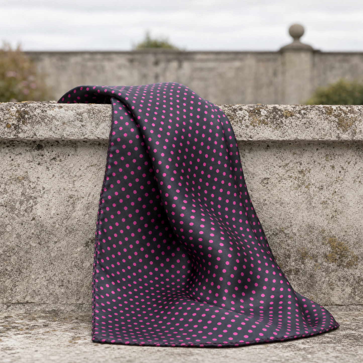 Black With Pink Polka Silk Cravat — 100% silk cravat, draped detail