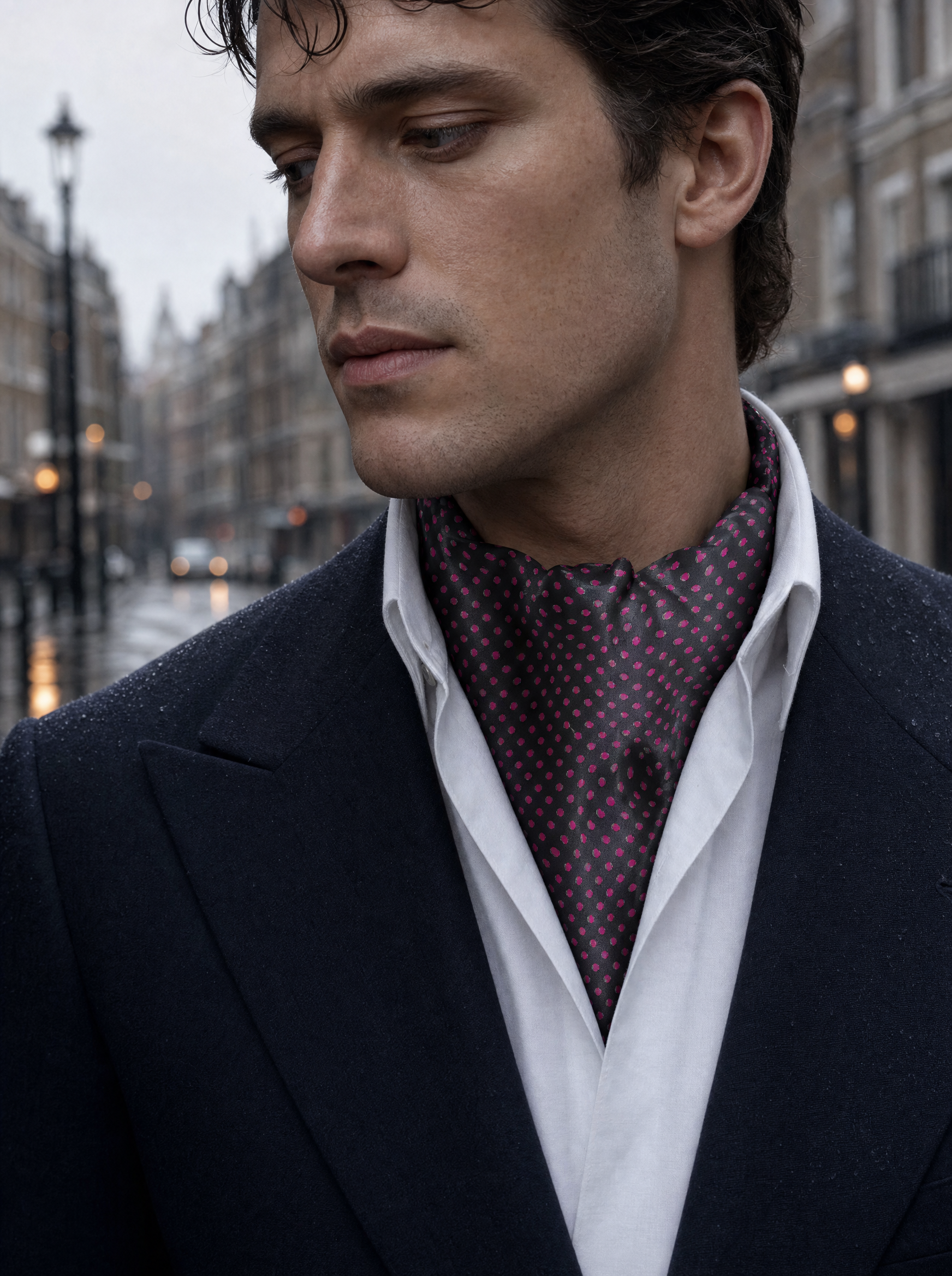 Black With Pink Polka Silk Cravat worn by a model — men's cravat