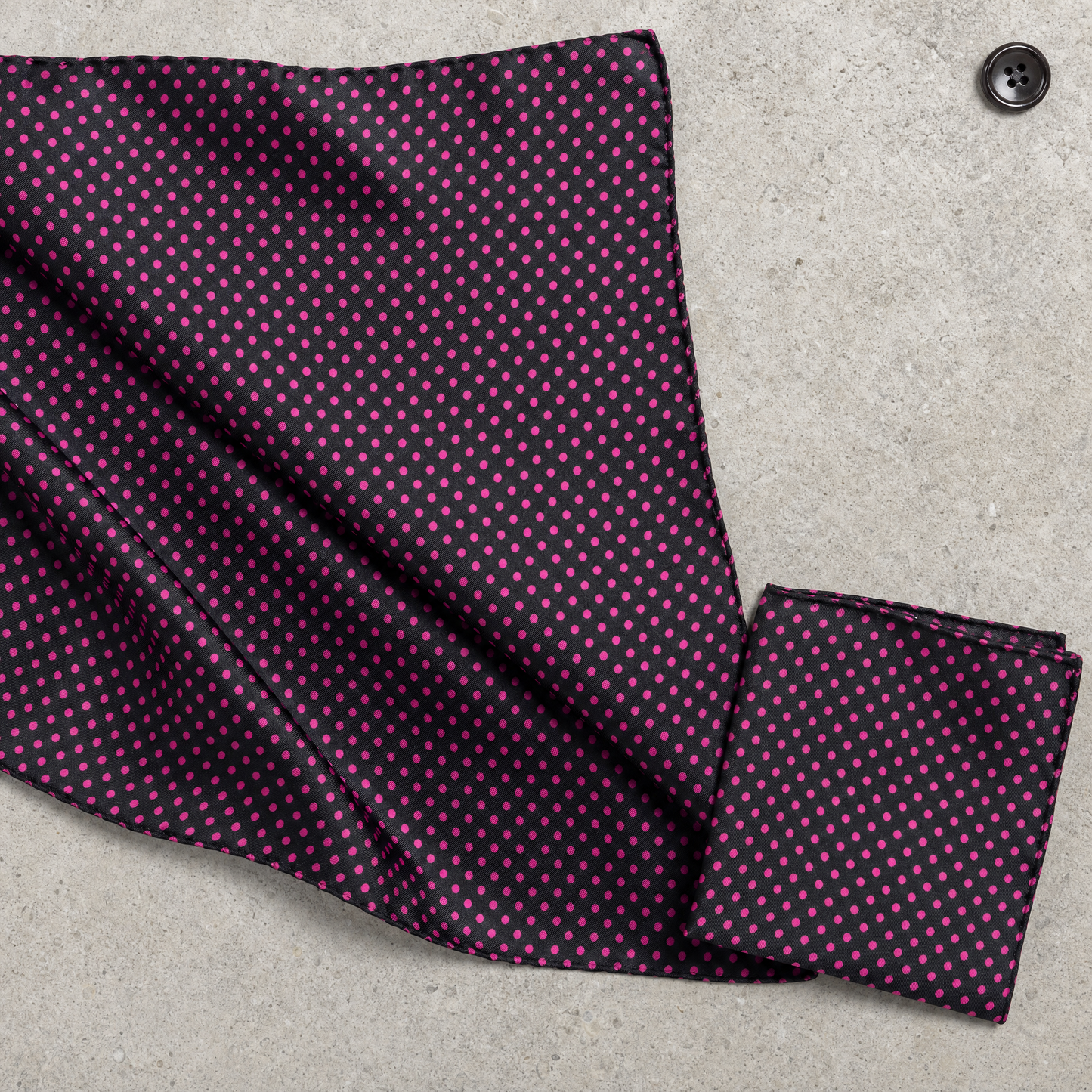 Black With Pink Polka Silk Scarf & Pocket Square Set — 100% silk scarf, draped detail