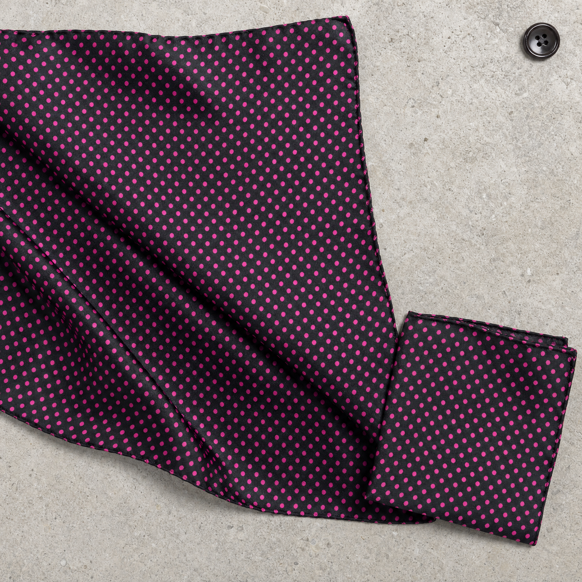 Black With Pink Polka Silk Scarf & Pocket Square Set — 100% silk scarf, draped detail