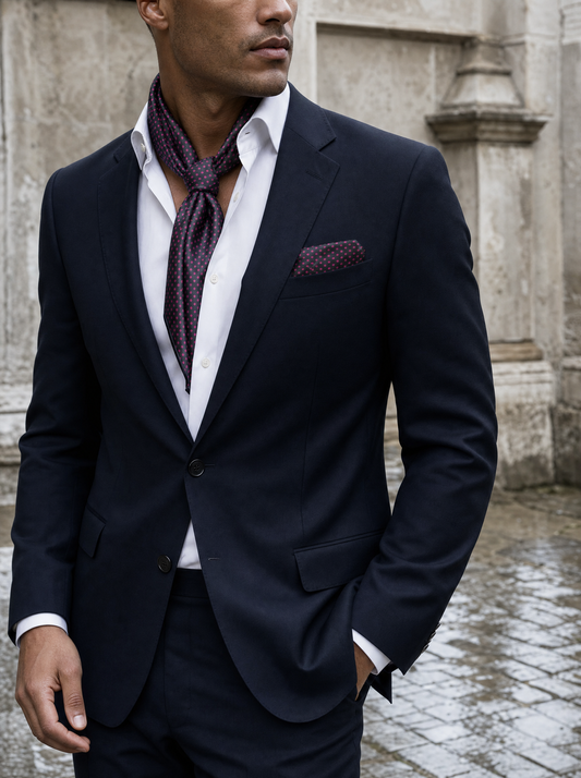 Black With Pink Polka Silk Scarf & Pocket Square Set worn by a model — men's scarf