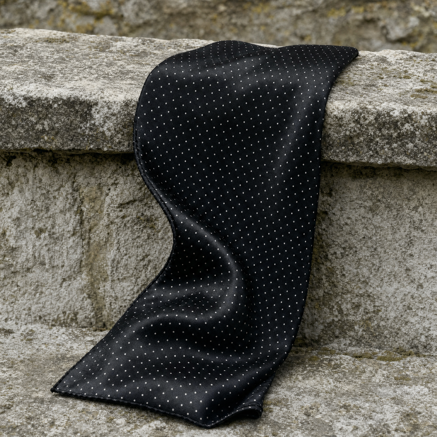 Black With White Polka Silk Cravat — 100% silk cravat, draped detail