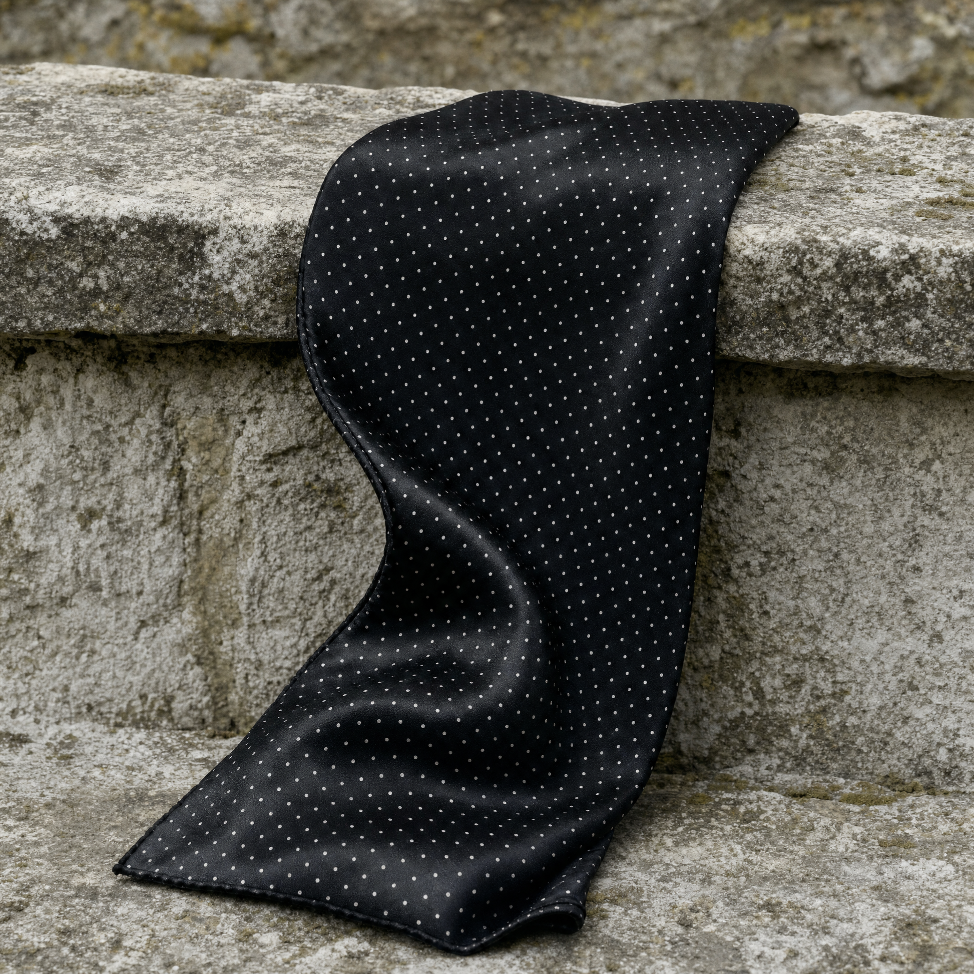 Black With White Polka Silk Cravat — 100% silk cravat, draped detail