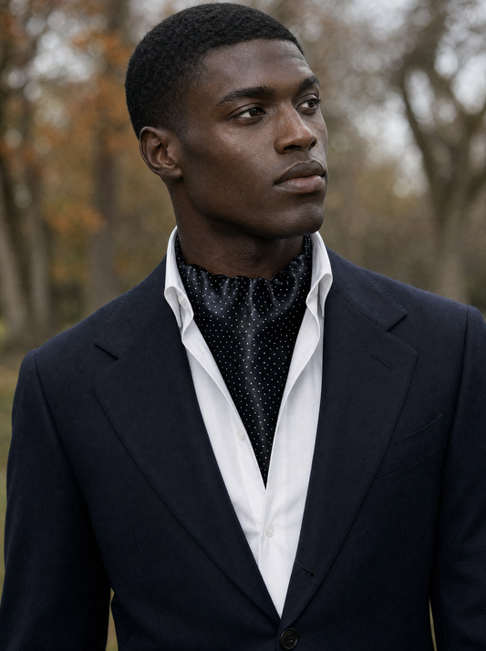 Black With White Polka Silk Cravat worn by a model — men's cravat