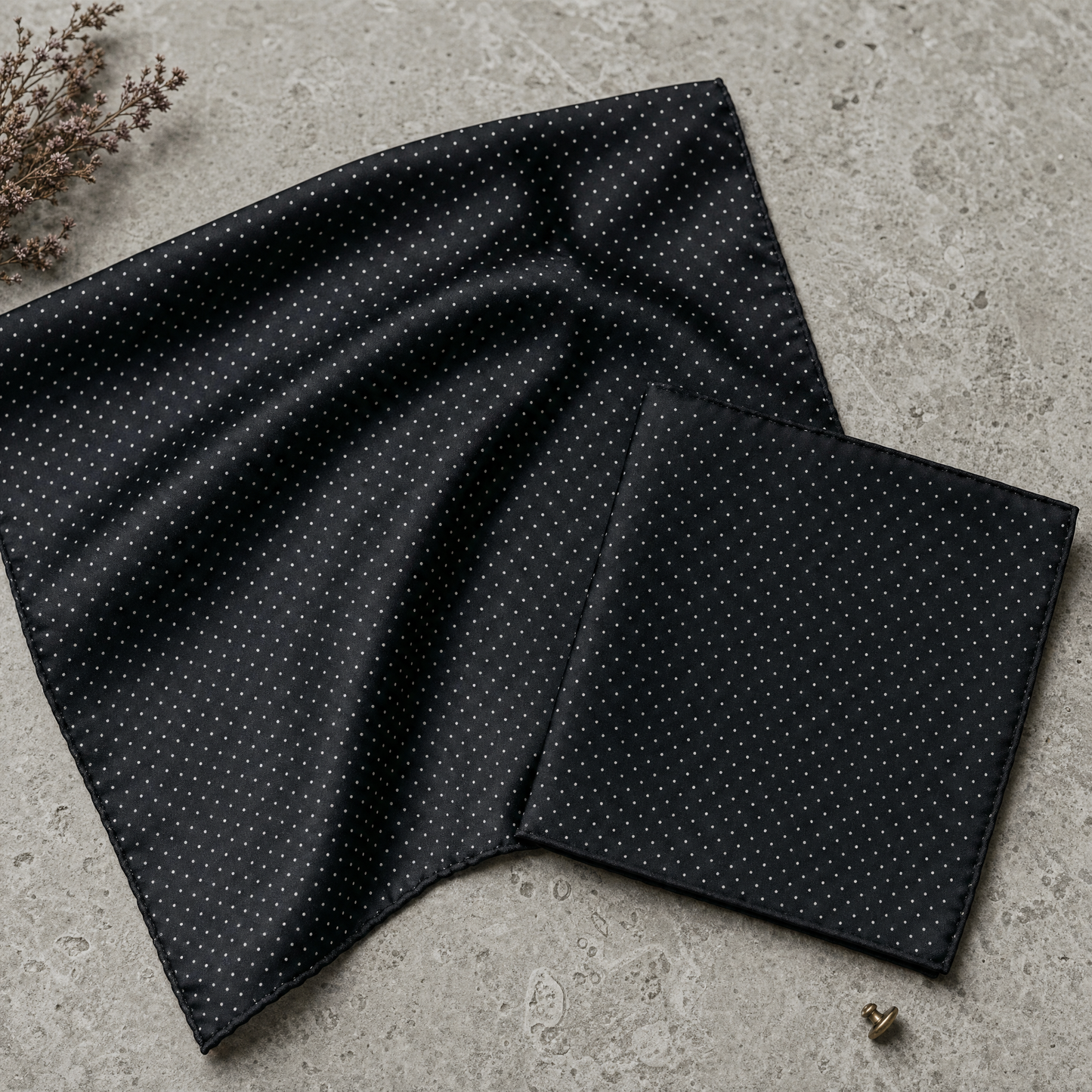 Black With White Polka Silk Scarf & Pocket Square Set — 100% silk scarf, draped detail