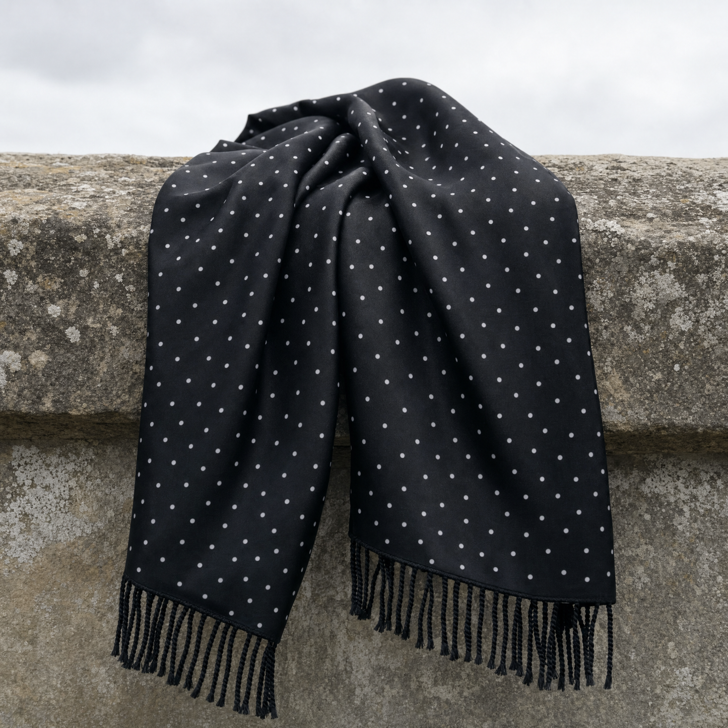 Black With White Polka Silk Scarf — 100% silk scarf, draped detail