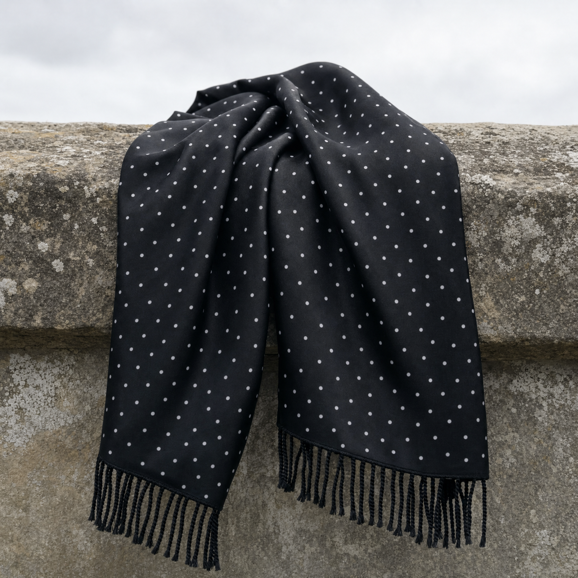 Black With White Polka Silk Scarf — 100% silk scarf, draped detail