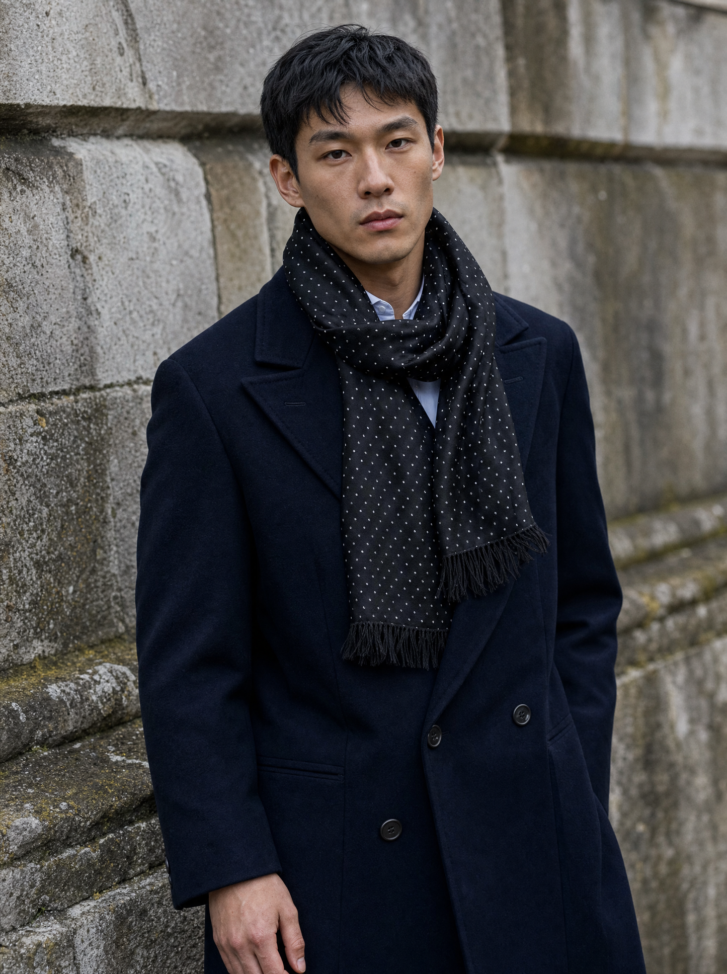 Black With White Polka Silk Scarf worn by a model — men's scarf