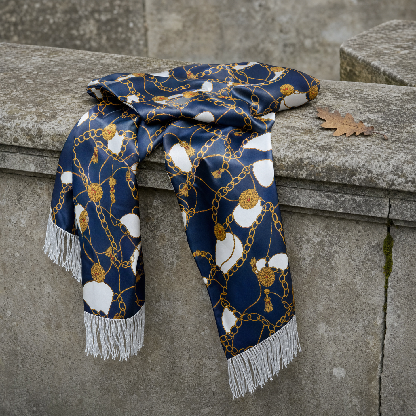 Blue And Gold Chain Silk Scarf — 100% silk scarf, draped detail