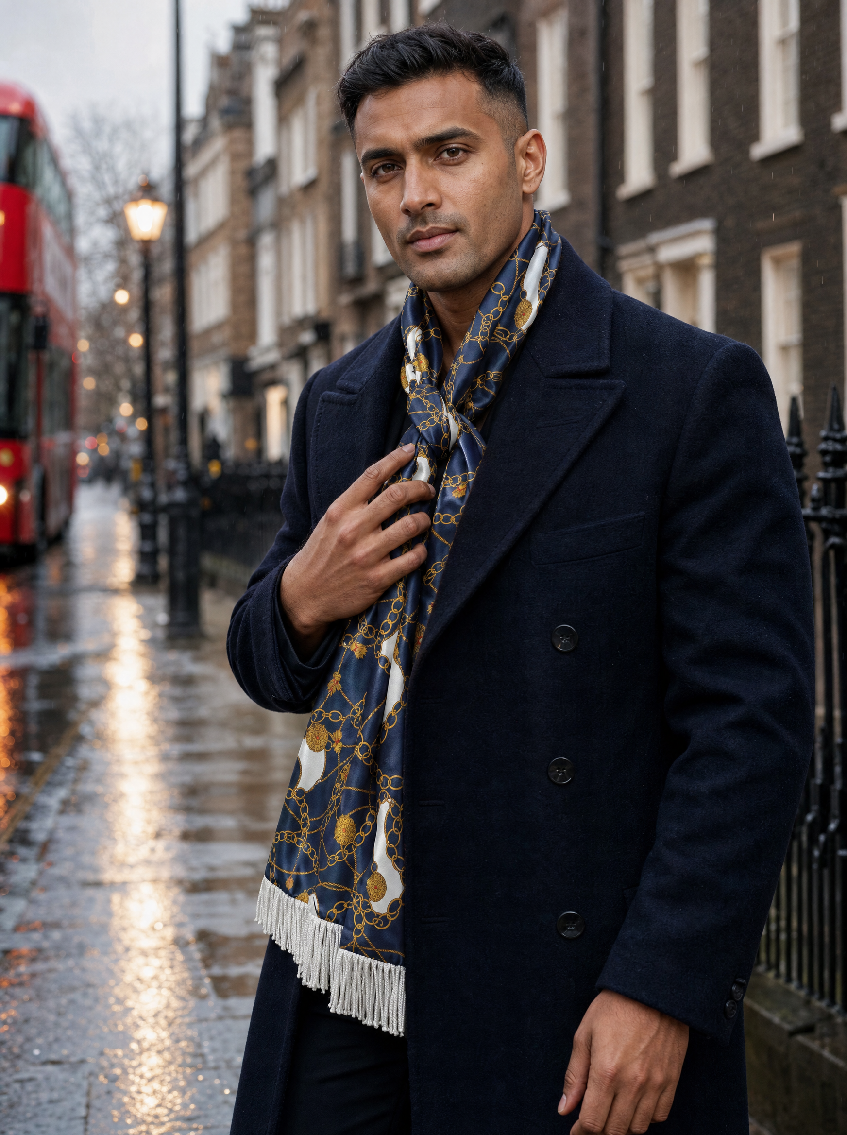 Blue And Gold Chain Silk Scarf worn by a model — men's scarf