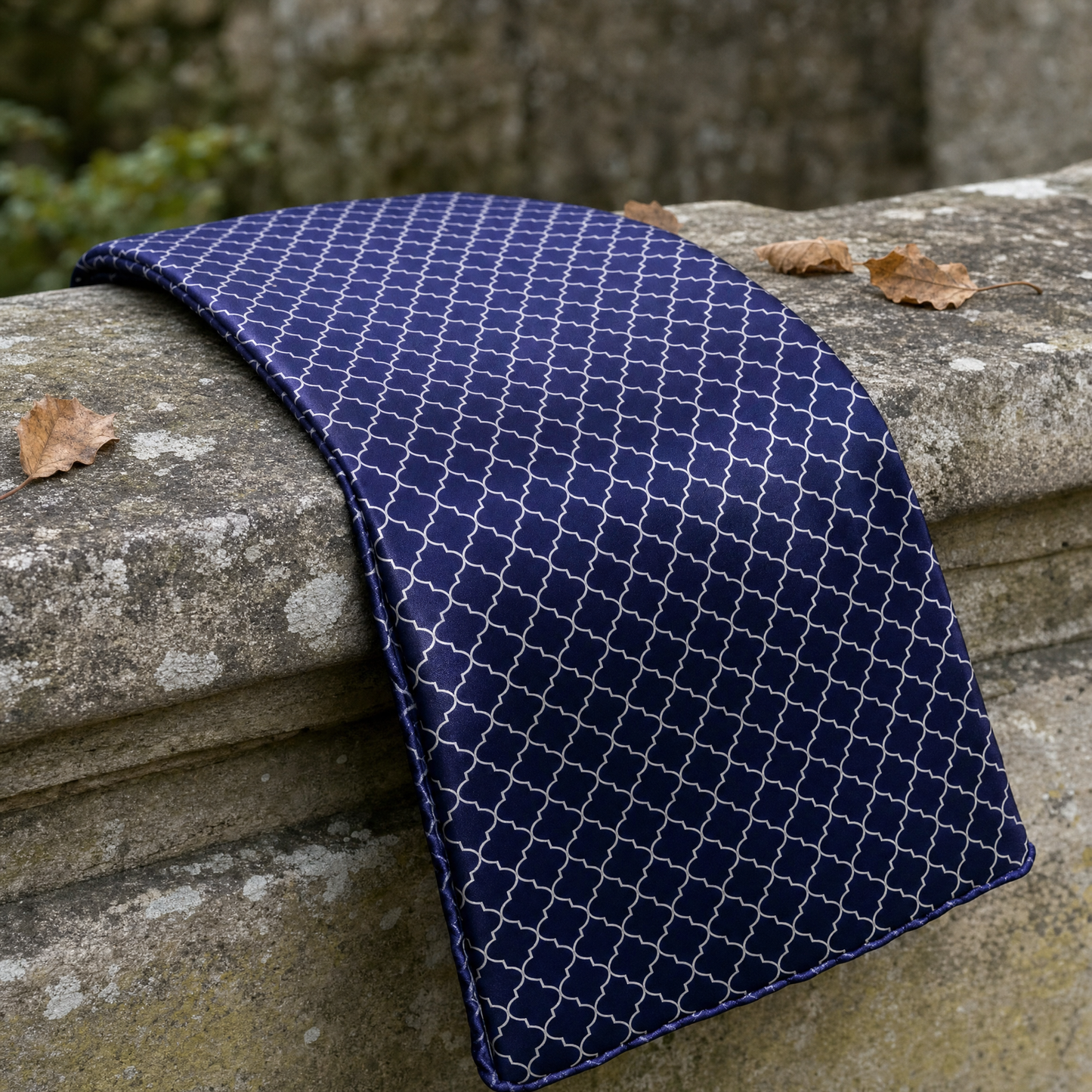 Blue White Tartan Silk Cravat — 100% silk cravat, draped detail