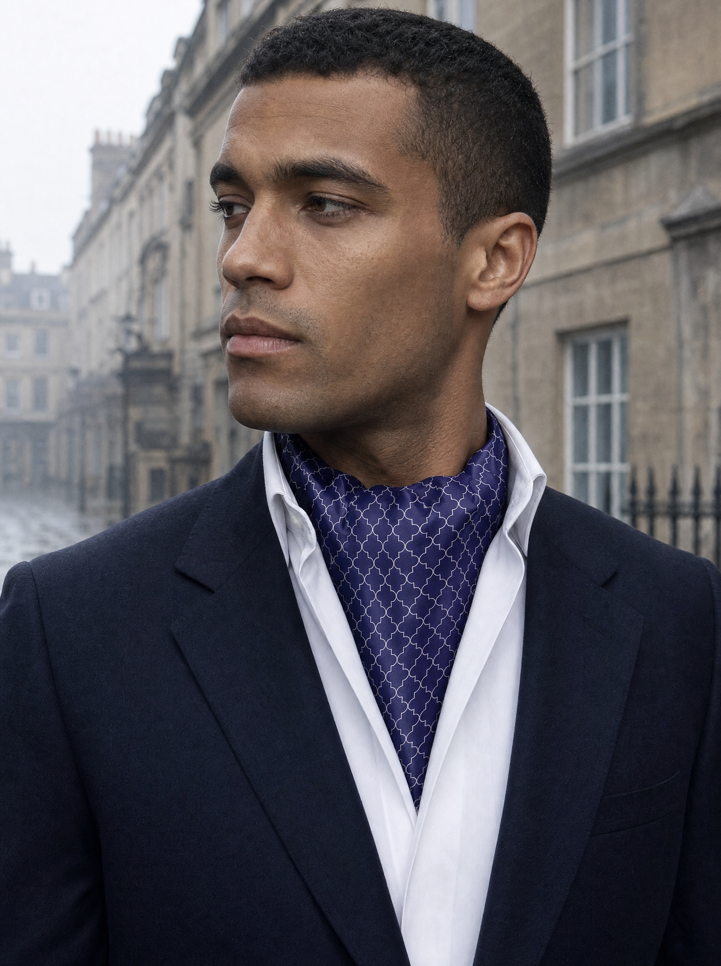 Blue White Tartan Silk Cravat worn by a model — men's cravat