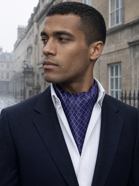 Blue White Tartan Silk Cravat worn by a model — men's cravat