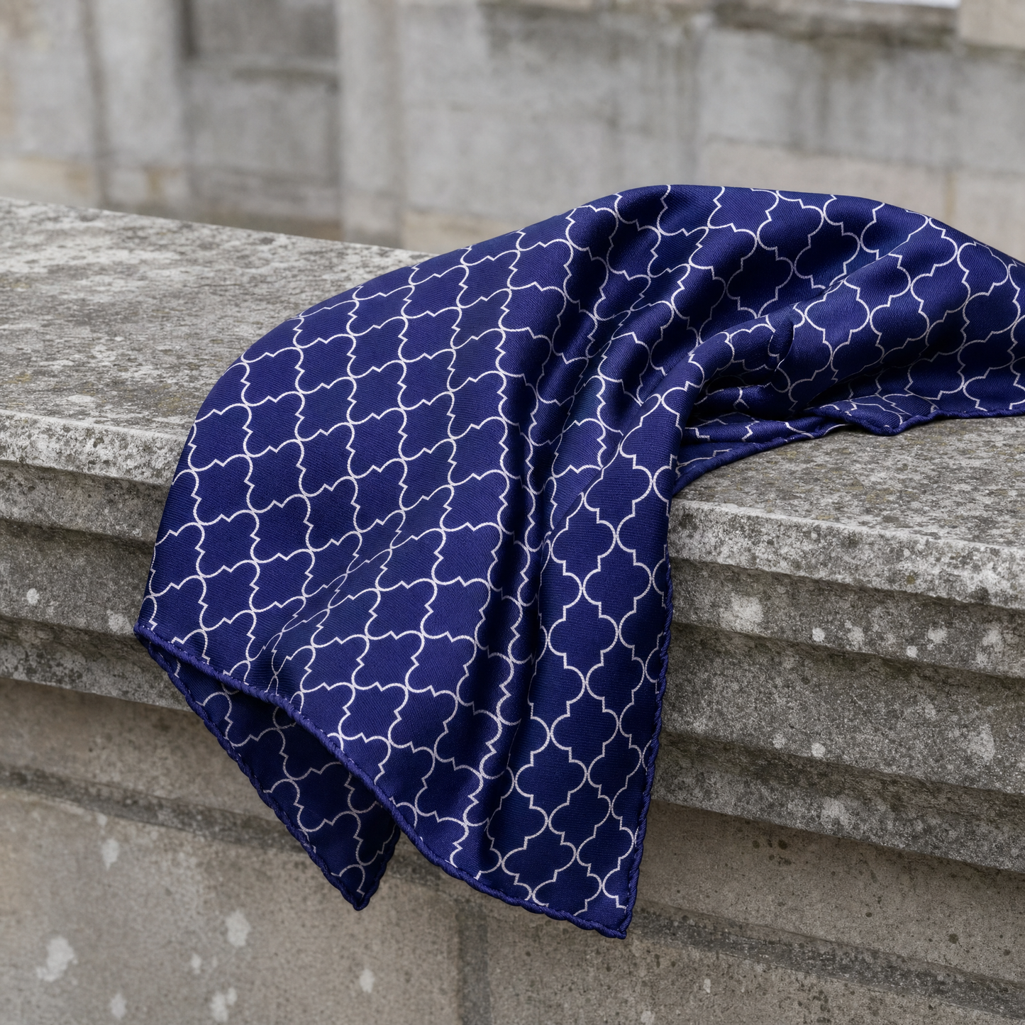 Blue White Tartan Silk Pocket Square — 100% silk pocket square, draped detail