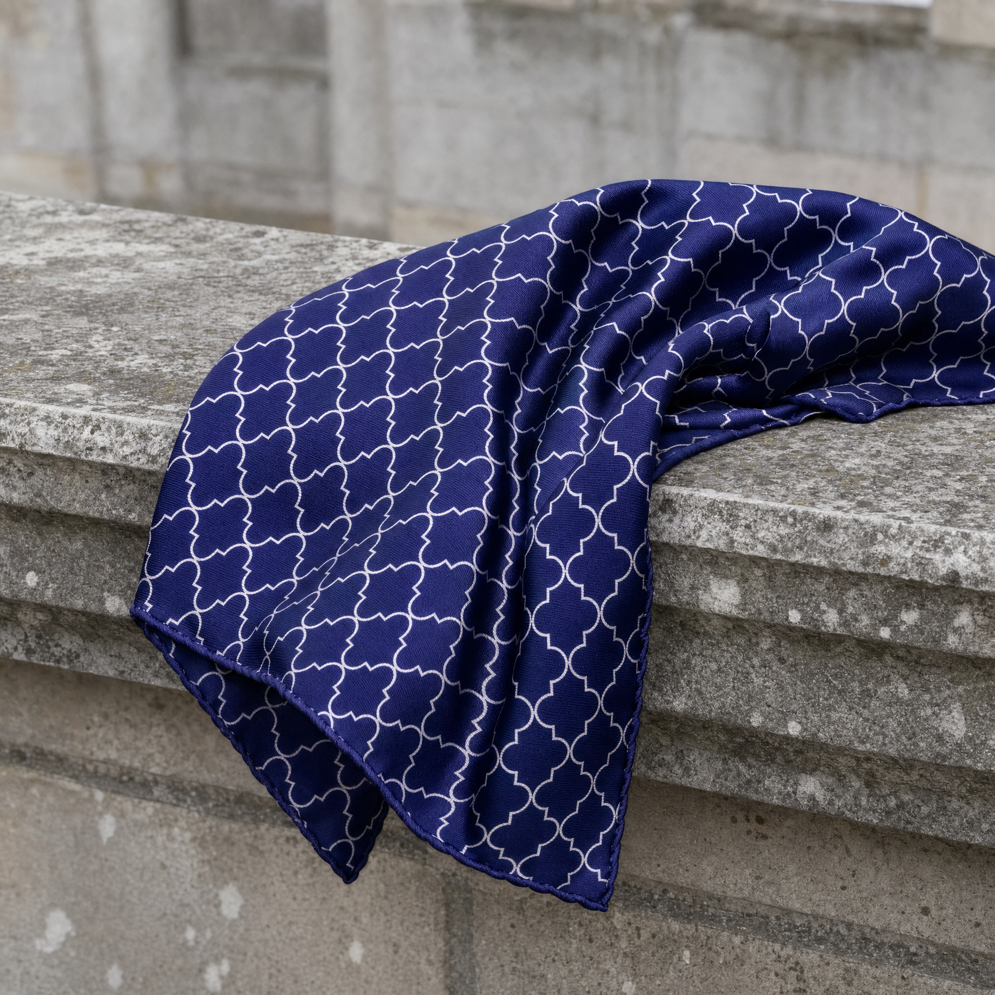 Blue White Tartan Silk Pocket Square — 100% silk pocket square, draped detail