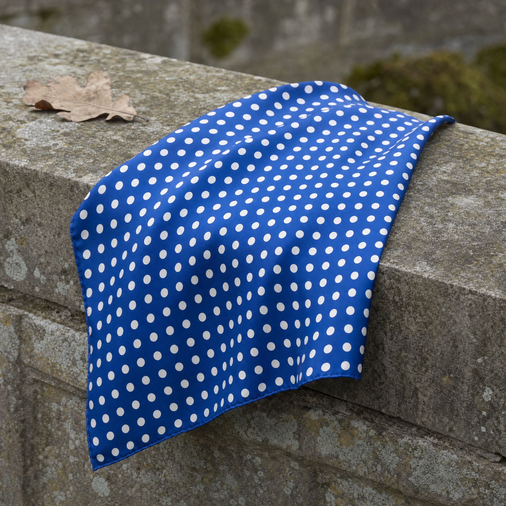 Blue With White Polka Cravat — 100% silk cravat, draped detail