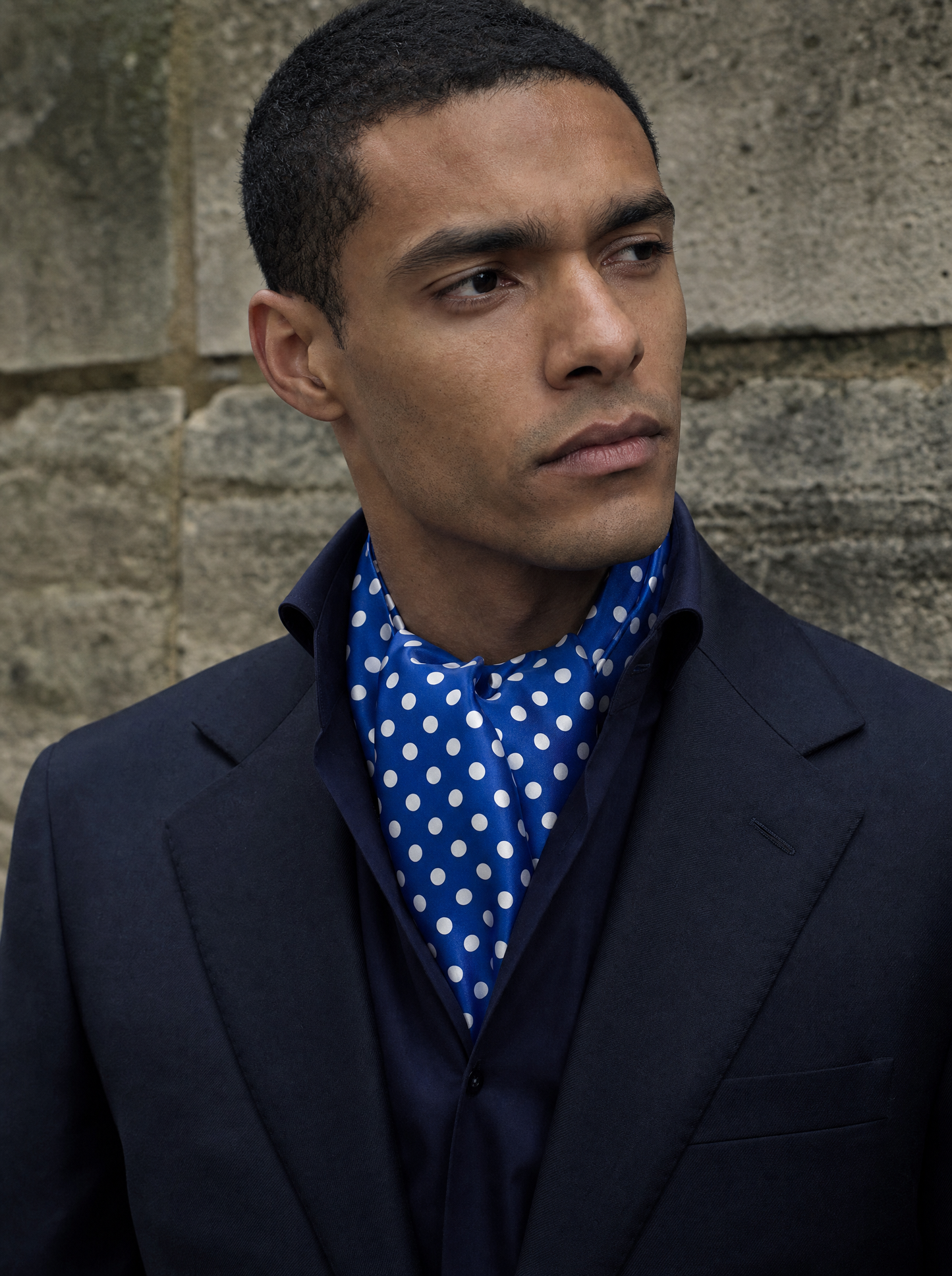 Blue With White Polka Cravat worn by a model — men's cravat