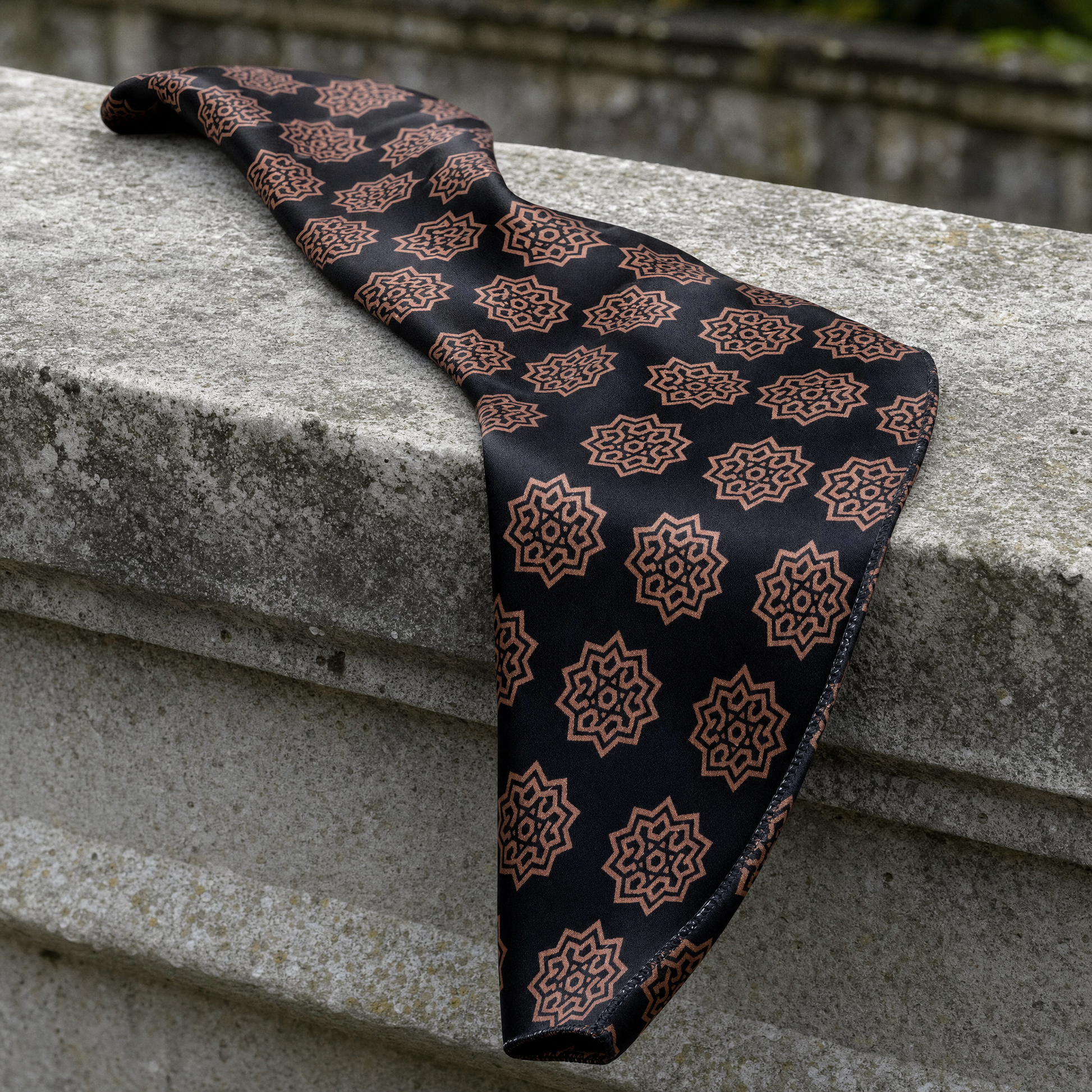 Brown Indigo Silk Cravat — 100% silk cravat, draped detail