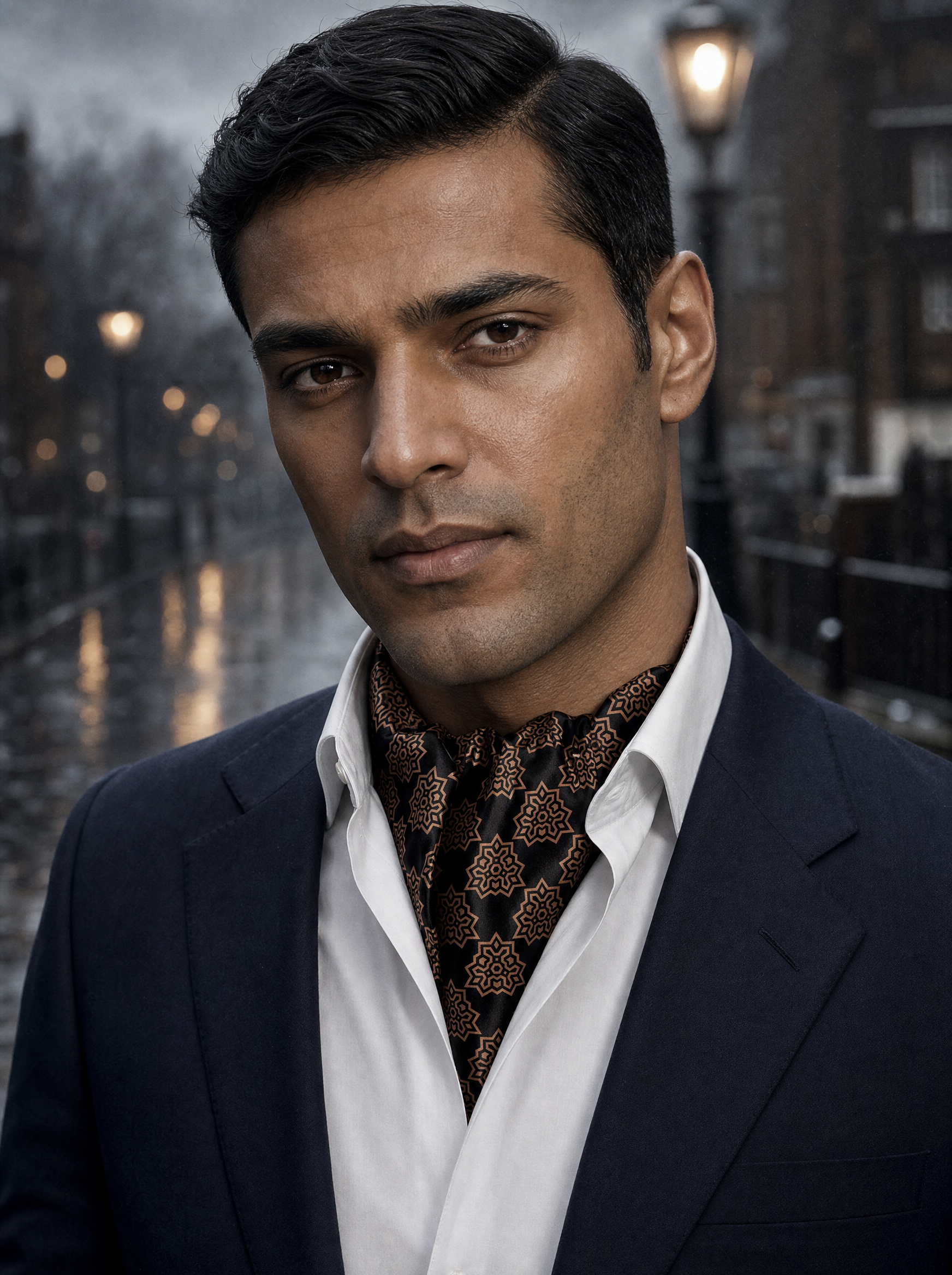 Brown Indigo Silk Cravat worn by a model — men's cravat