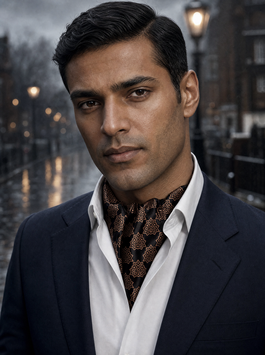 Brown Indigo Silk Cravat worn by a model — men's cravat