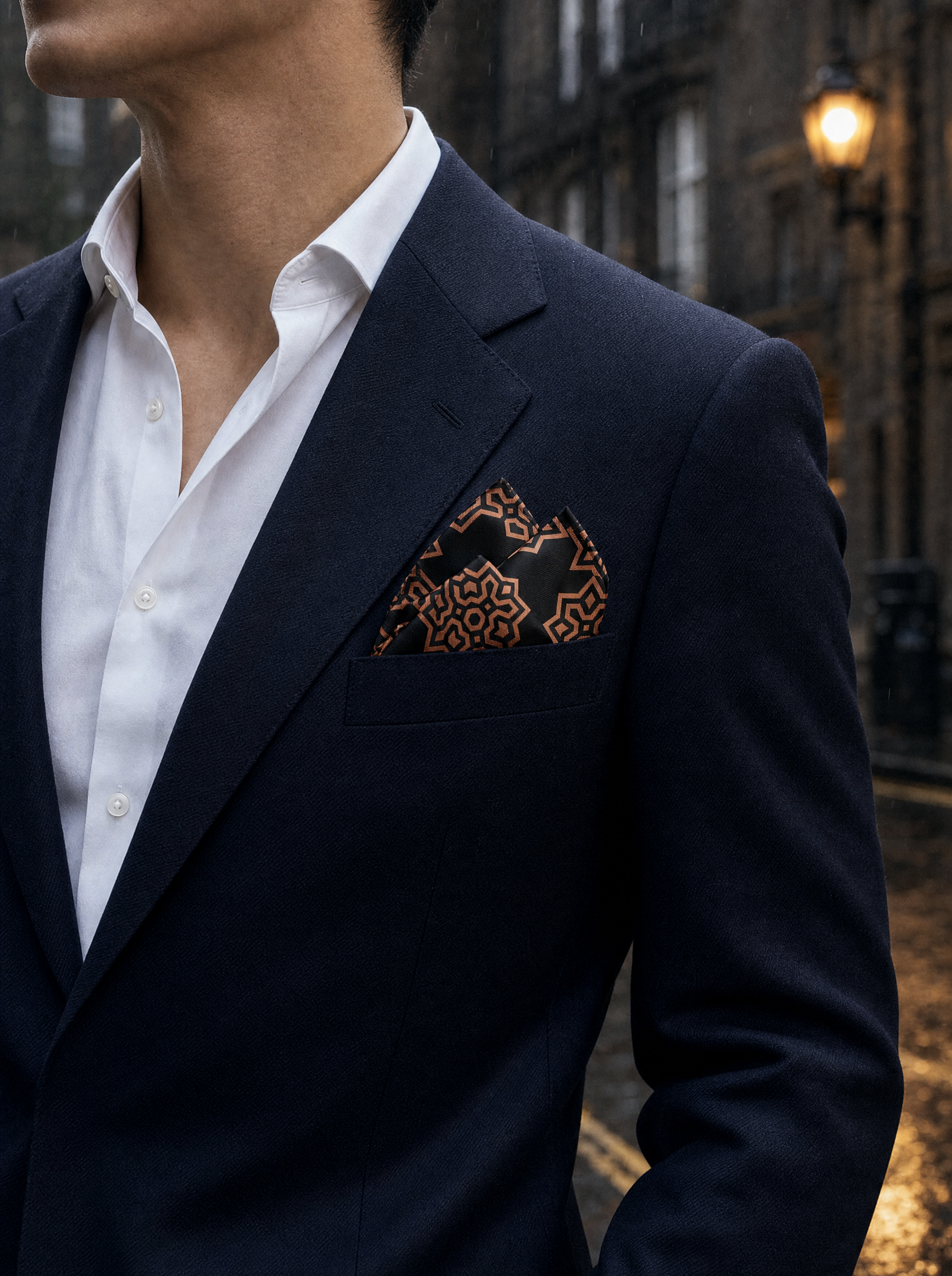 Brown Indigo Silk Pocket Square folded in a suit breast pocket — men's silk pocket square