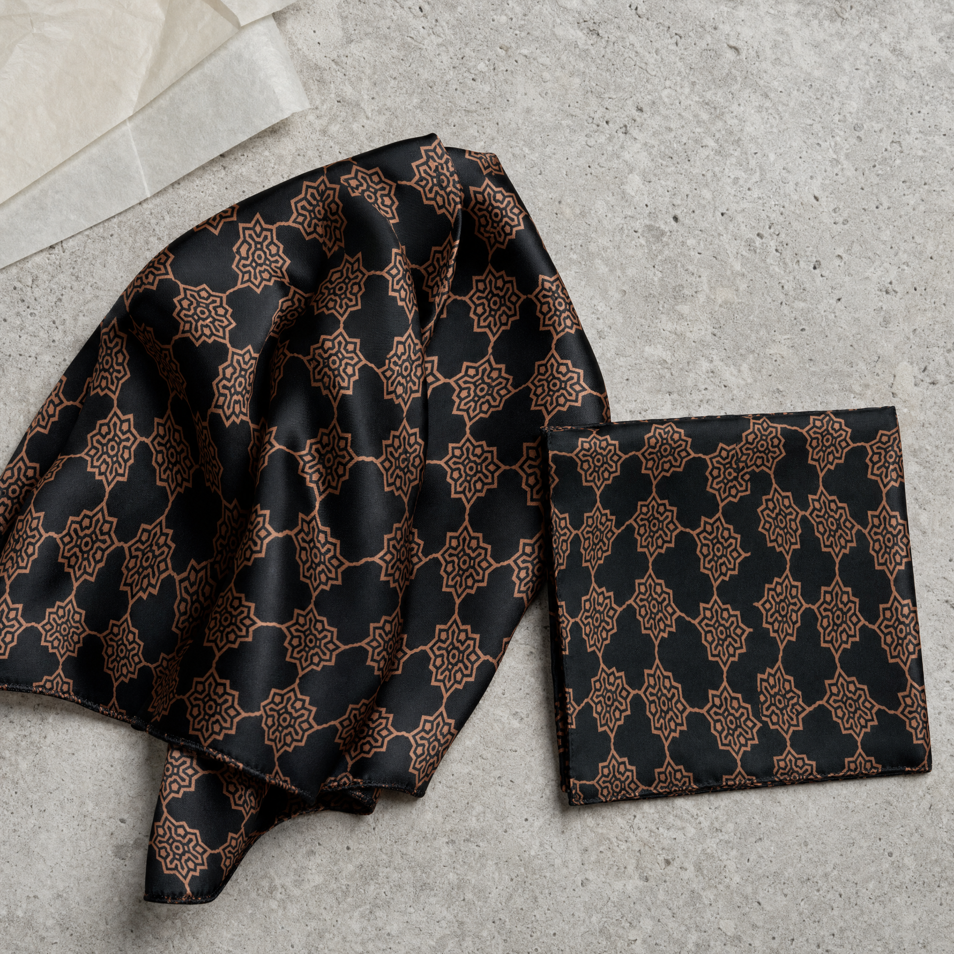 Brown Indigo Silk Scarf & Pocket Square Set — 100% silk scarf, draped detail